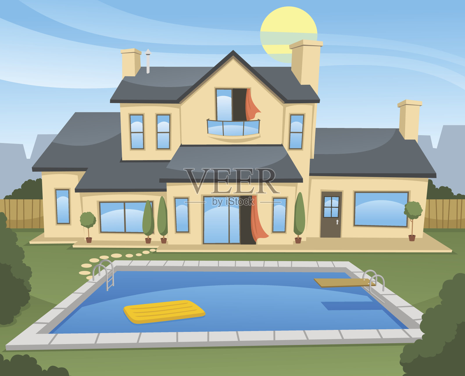 带游泳池的家庭住宅插画图片素材