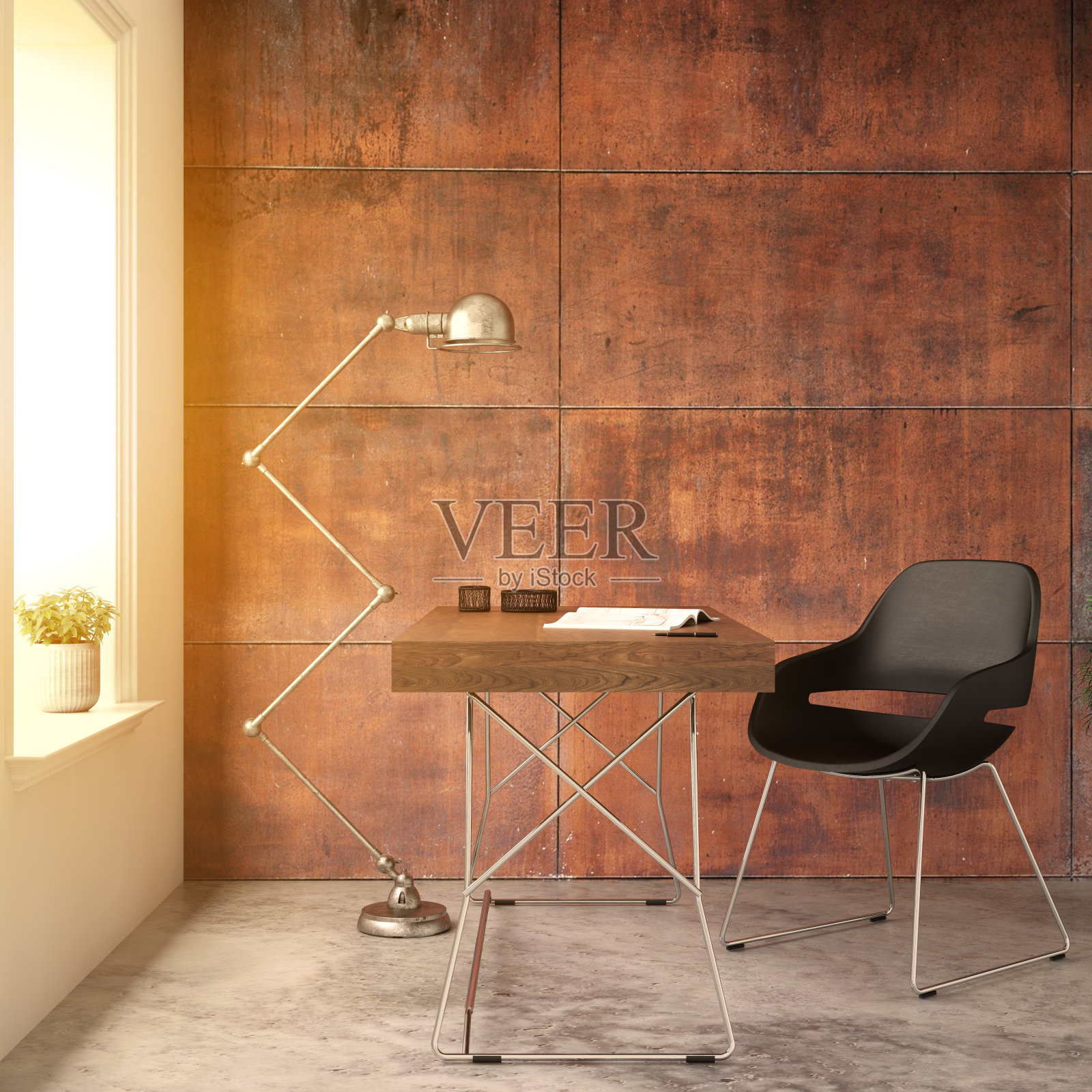 室内时髦的镶板，锈墙，椅子和桌子插画图片素材