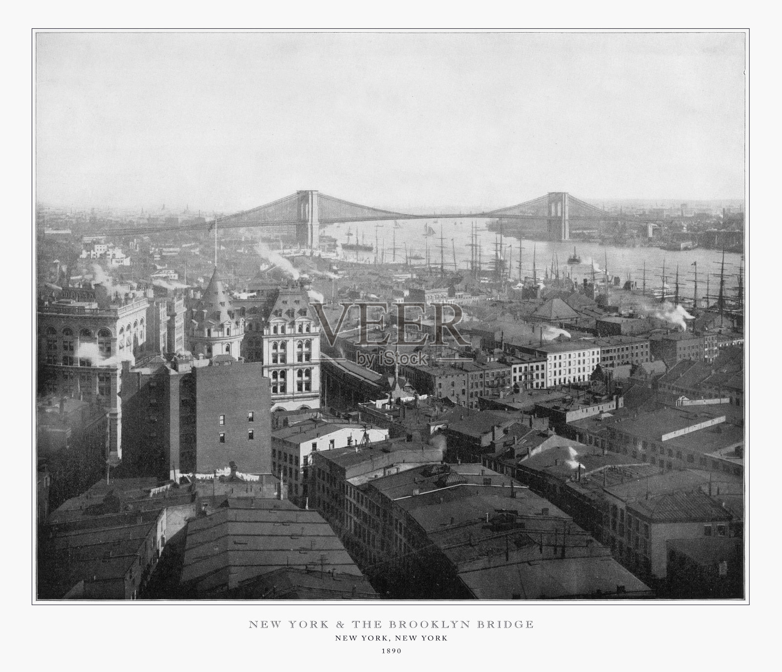 纽约和布鲁克林大桥，纽约市，美国，古董美国照片，1893年照片摄影图片
