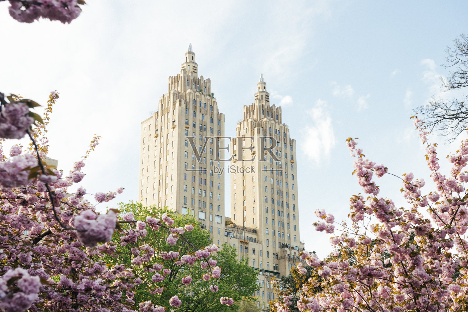 春天的花朵和纽约标志性的装饰艺术建筑照片摄影图片