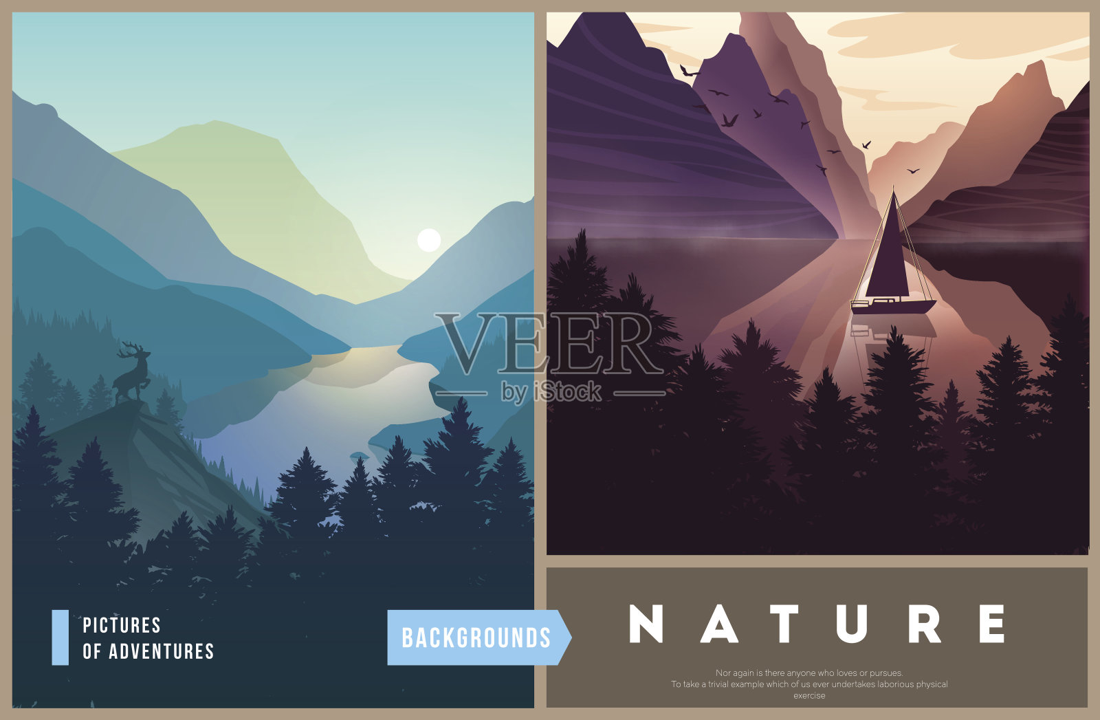 一组自然景观背景与山和树的剪影。插画图片素材