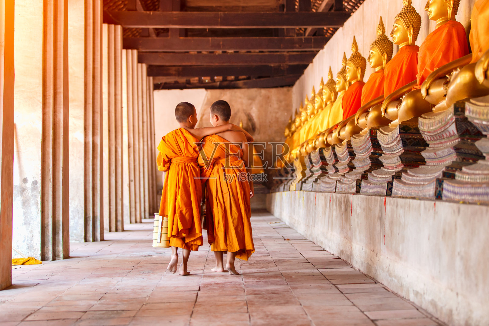 在泰国大城府的古庙里，两个初学走路和说话的人照片摄影图片