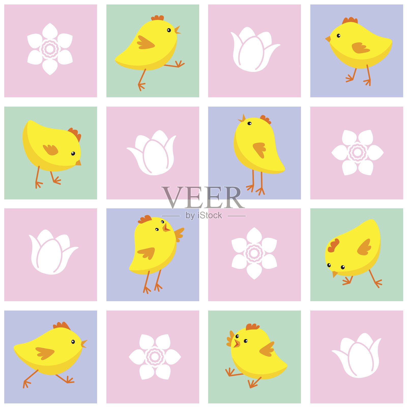 无缝东方图案与鸡和花插画图片素材