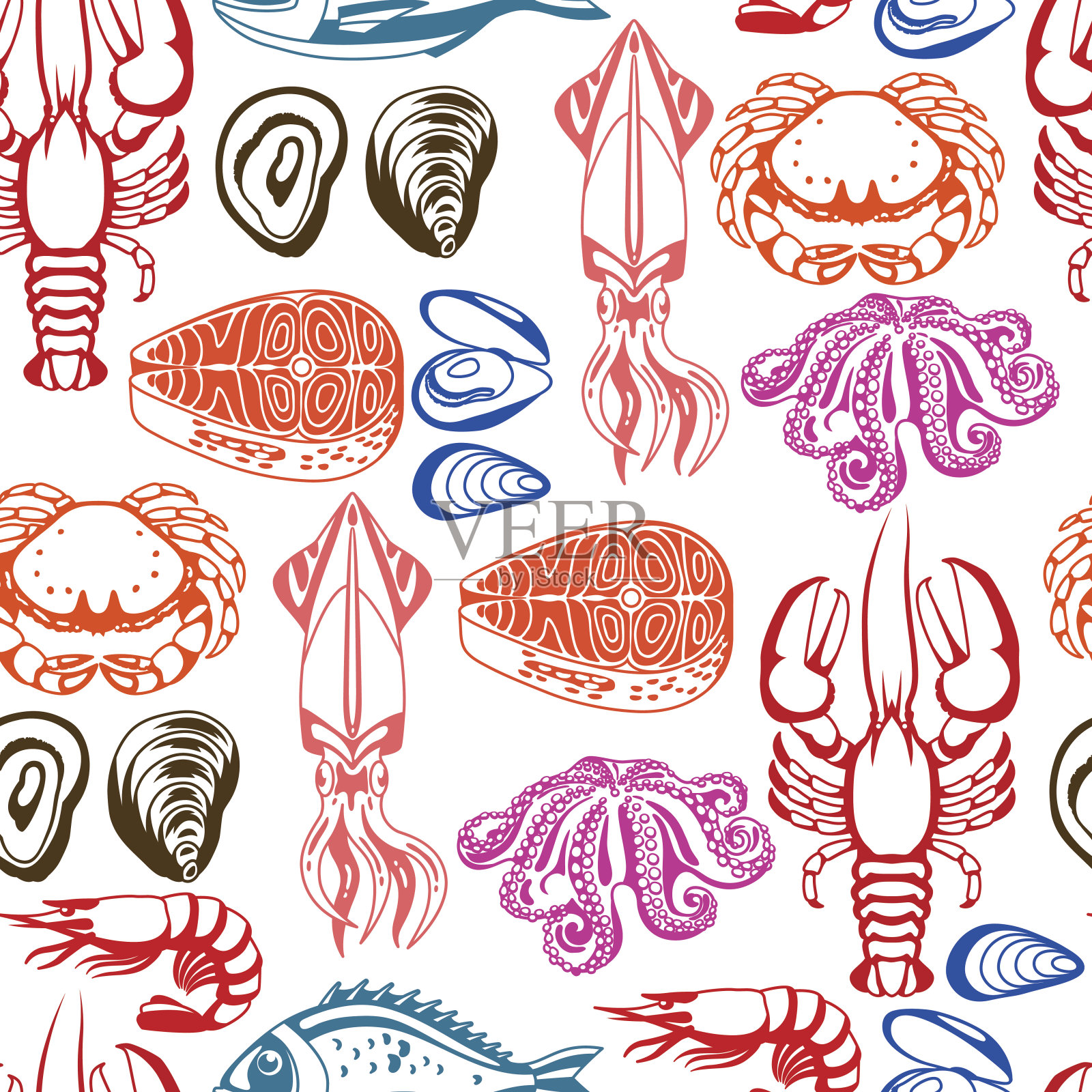 无缝模式与各种海鲜。鱼，贝类和甲壳类的插图插画图片素材