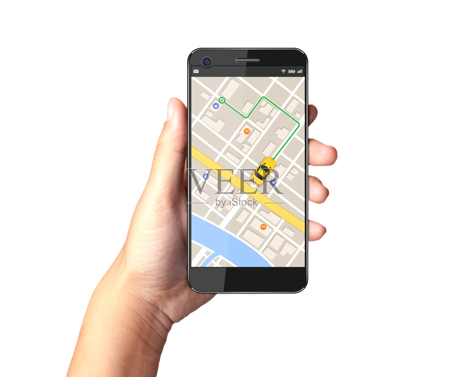 手持智能手机与gps导航地图显示。照片摄影图片