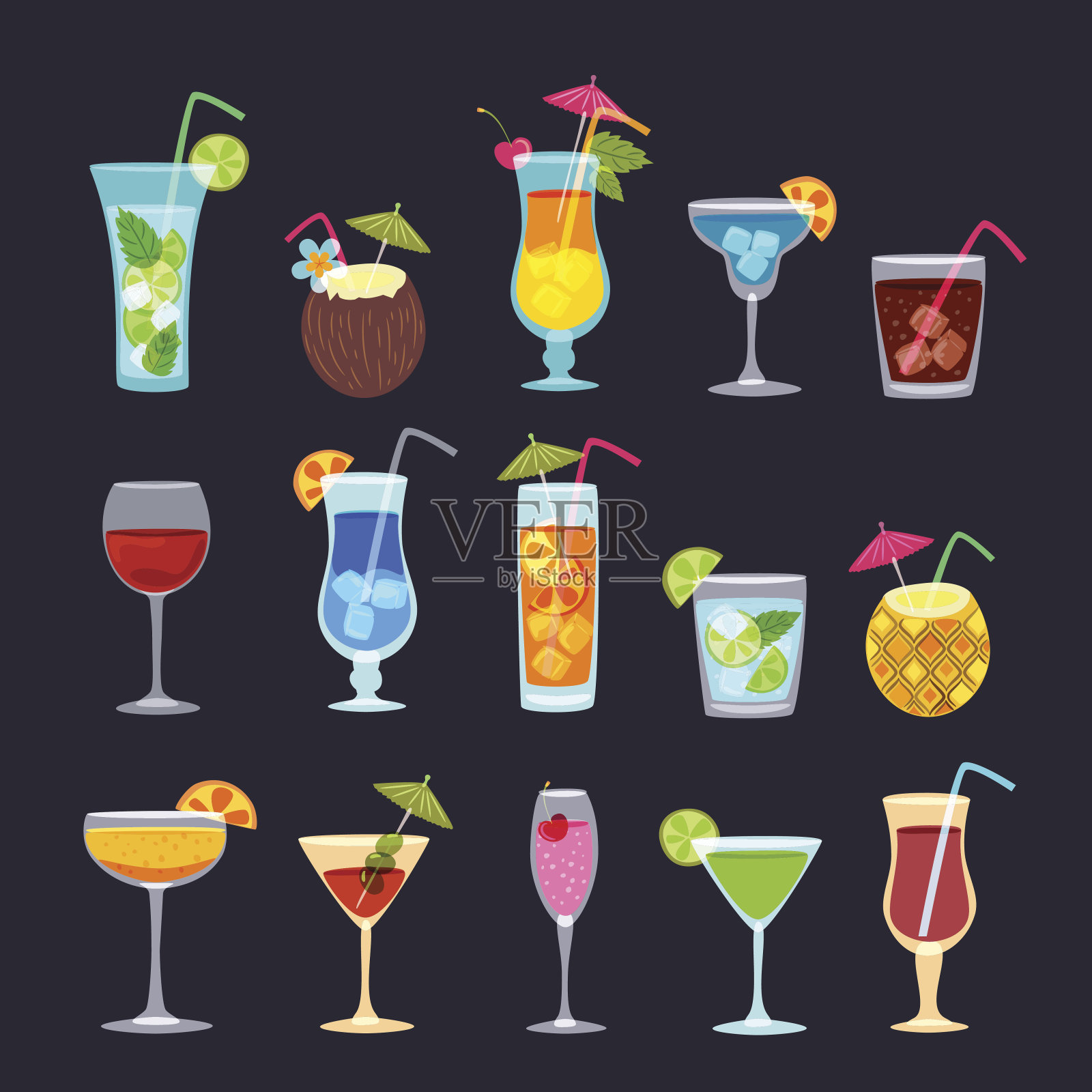 热带鸡尾酒，果汁，葡萄酒和香槟酒杯设置在黑色背景。矢量手绘涂鸦插图。插画图片素材
