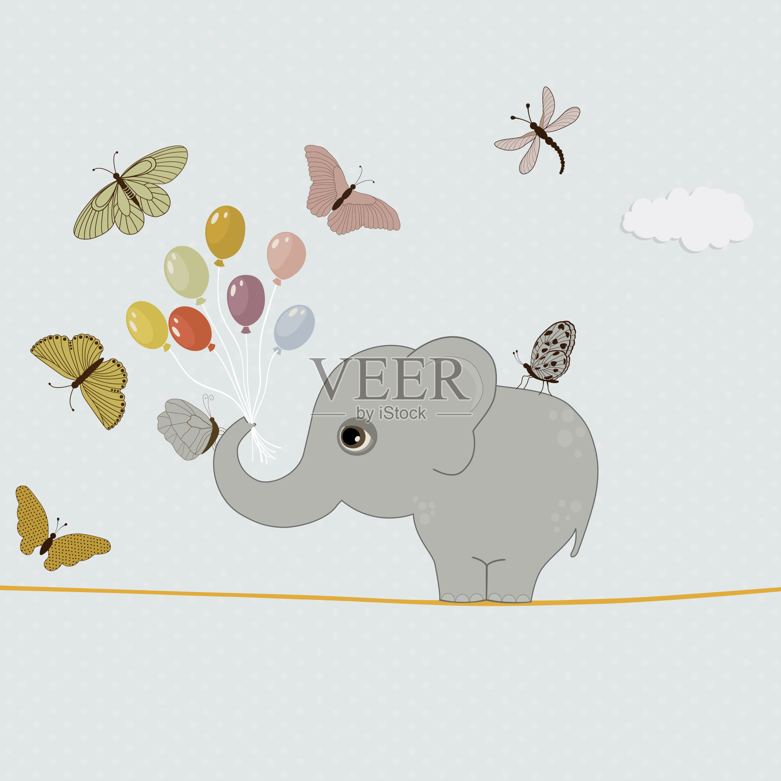 可爱的大象和气球和蝴蝶插画图片素材