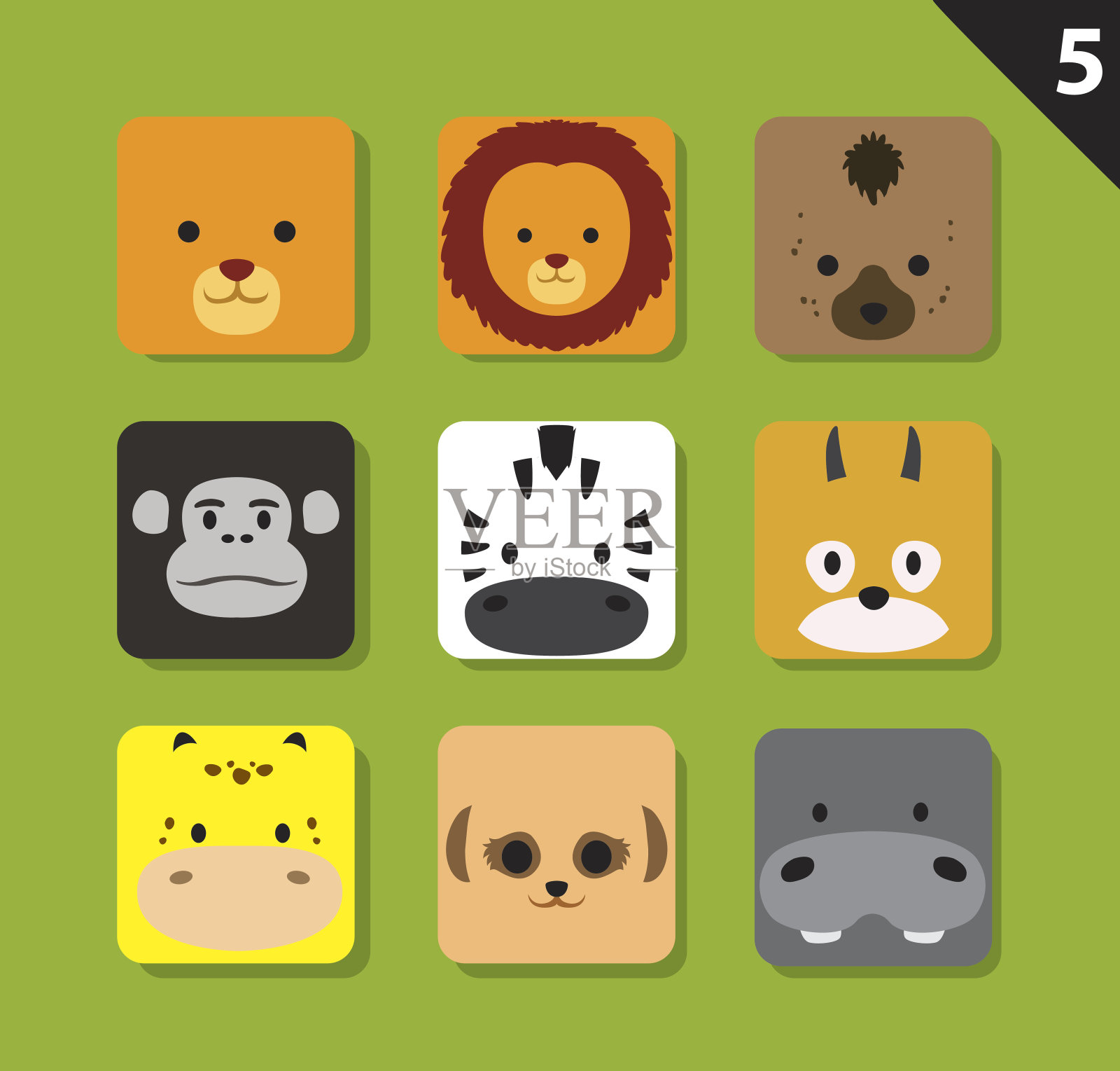 Flat Animal Faces应用程序图标卡通矢量集5 (Safari)插画图片素材