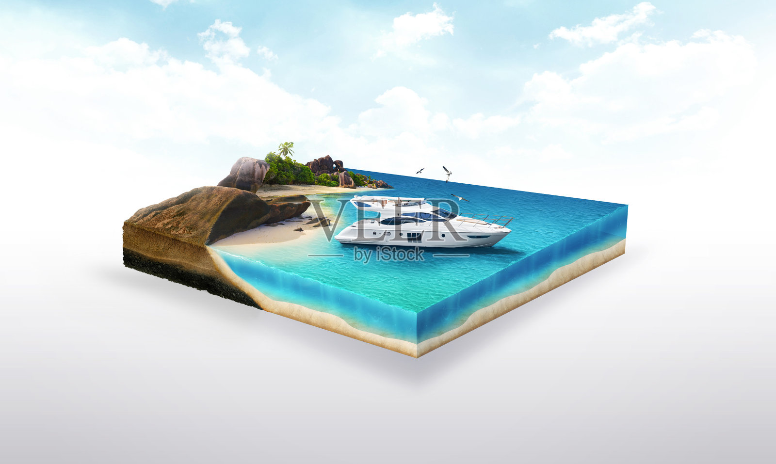 三维插图的土壤切片，游艇在海滩上，海洋旅行孤立在白色的背景照片摄影图片