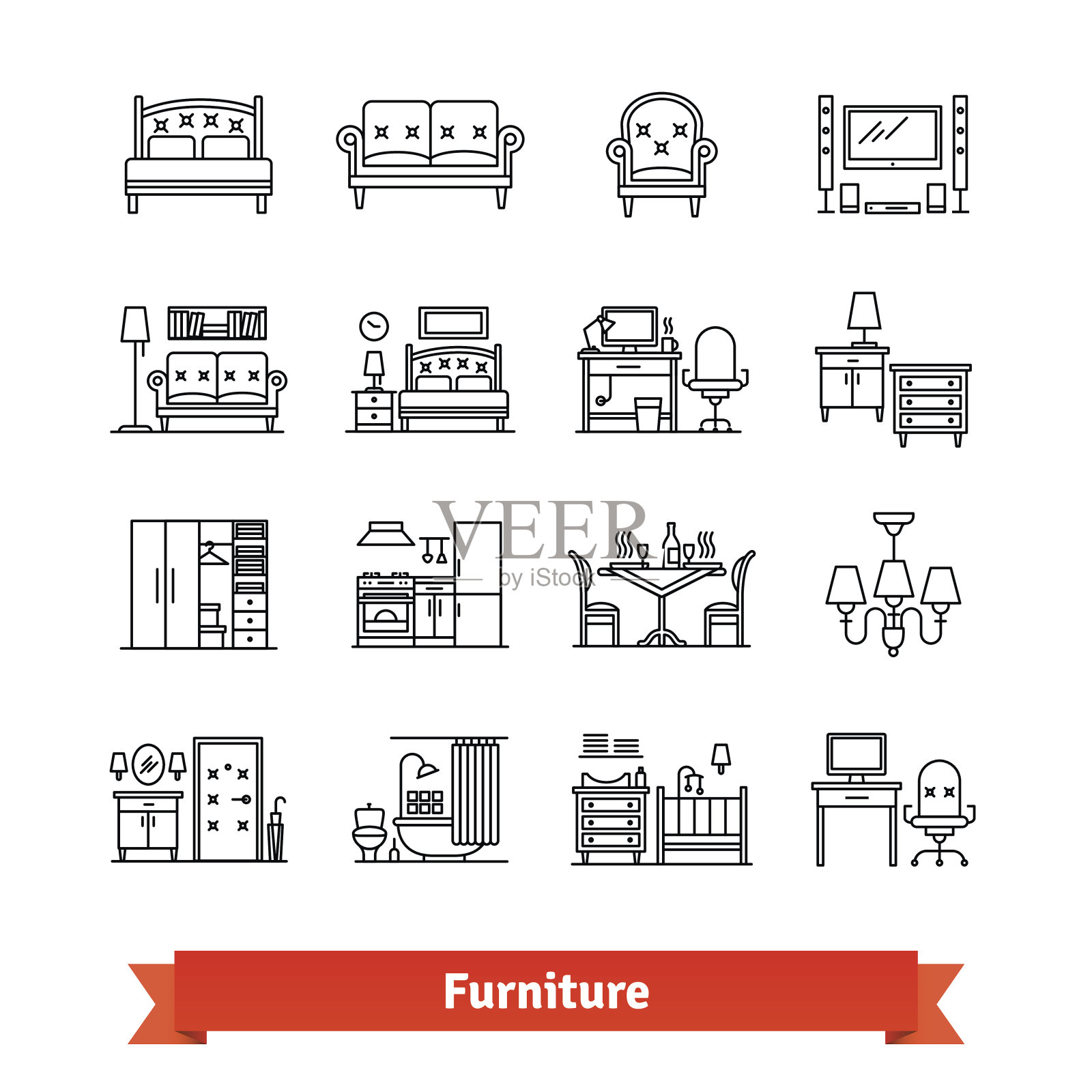 家具和家居装饰。细线艺术图标集图标素材