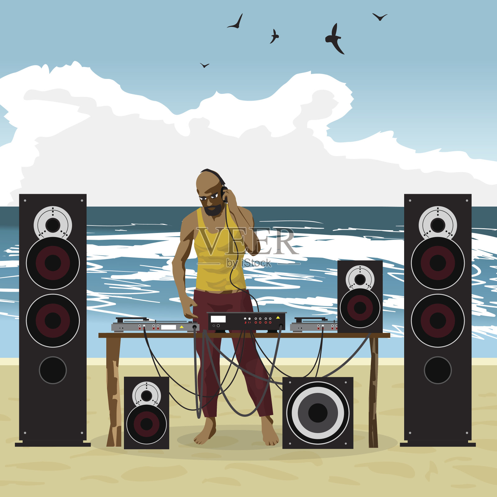 夏日派对:黑人DJ和他的器材，舞曲插画图片素材