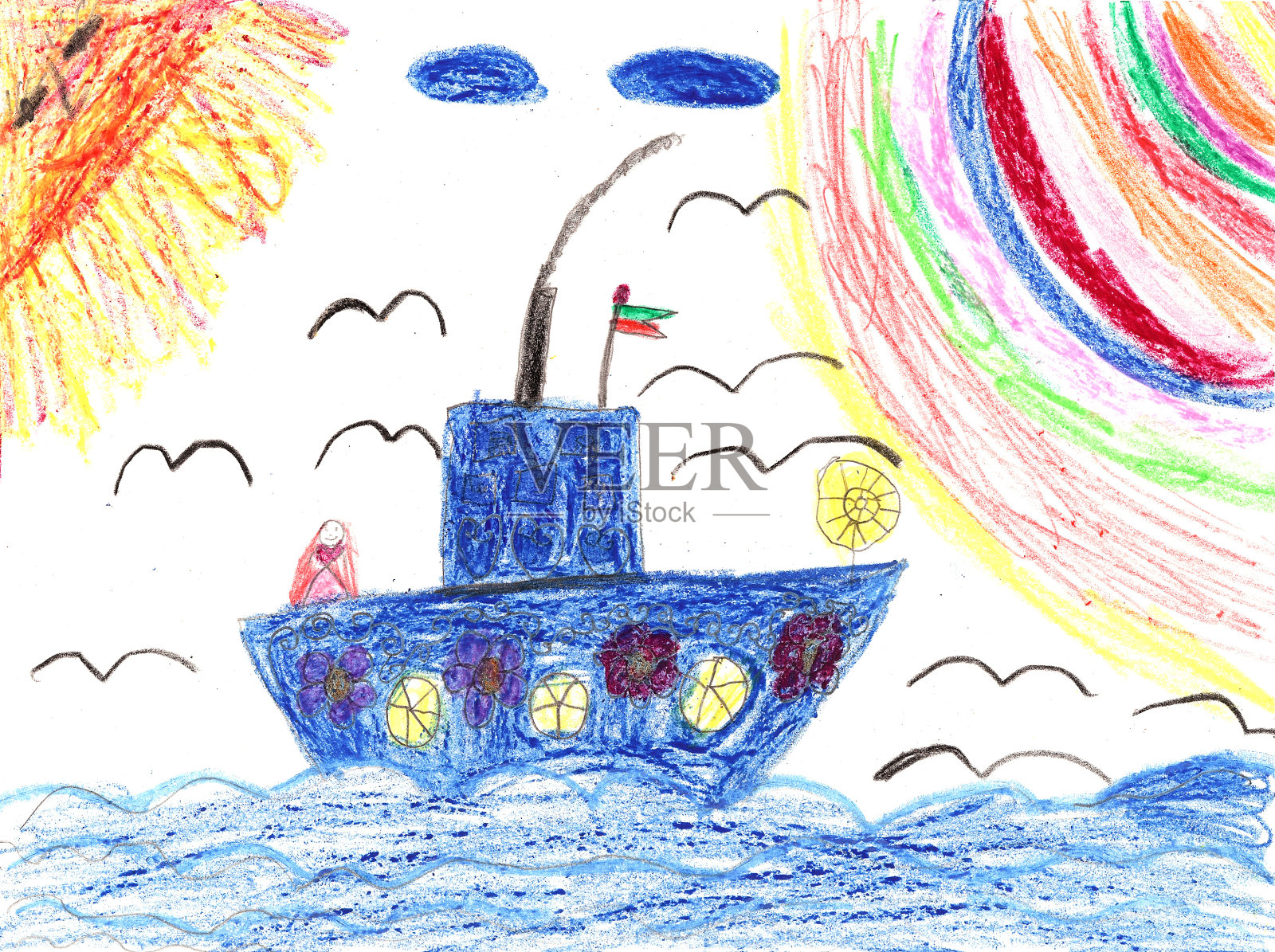 儿童艺术品船在海上插画图片素材