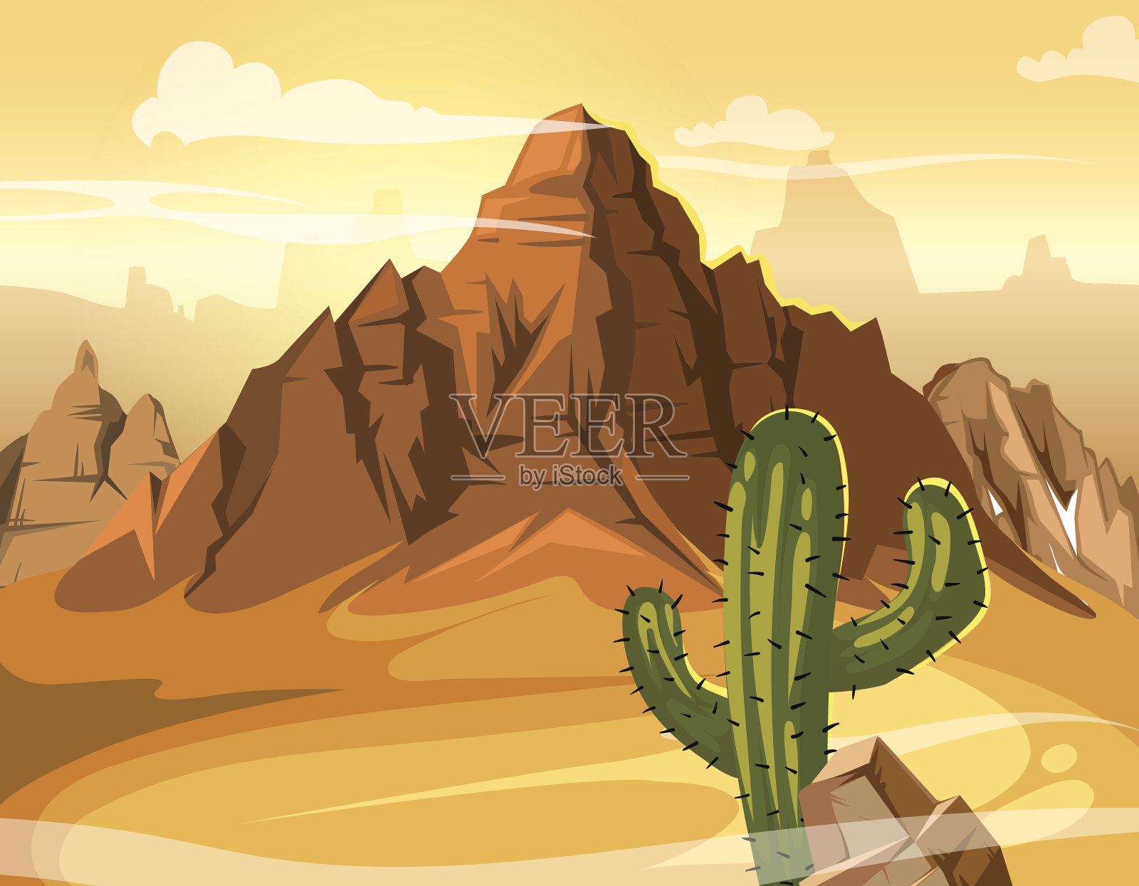 沙漠小山，仙人掌靠近大山。矢量黄色背景插图插画图片素材