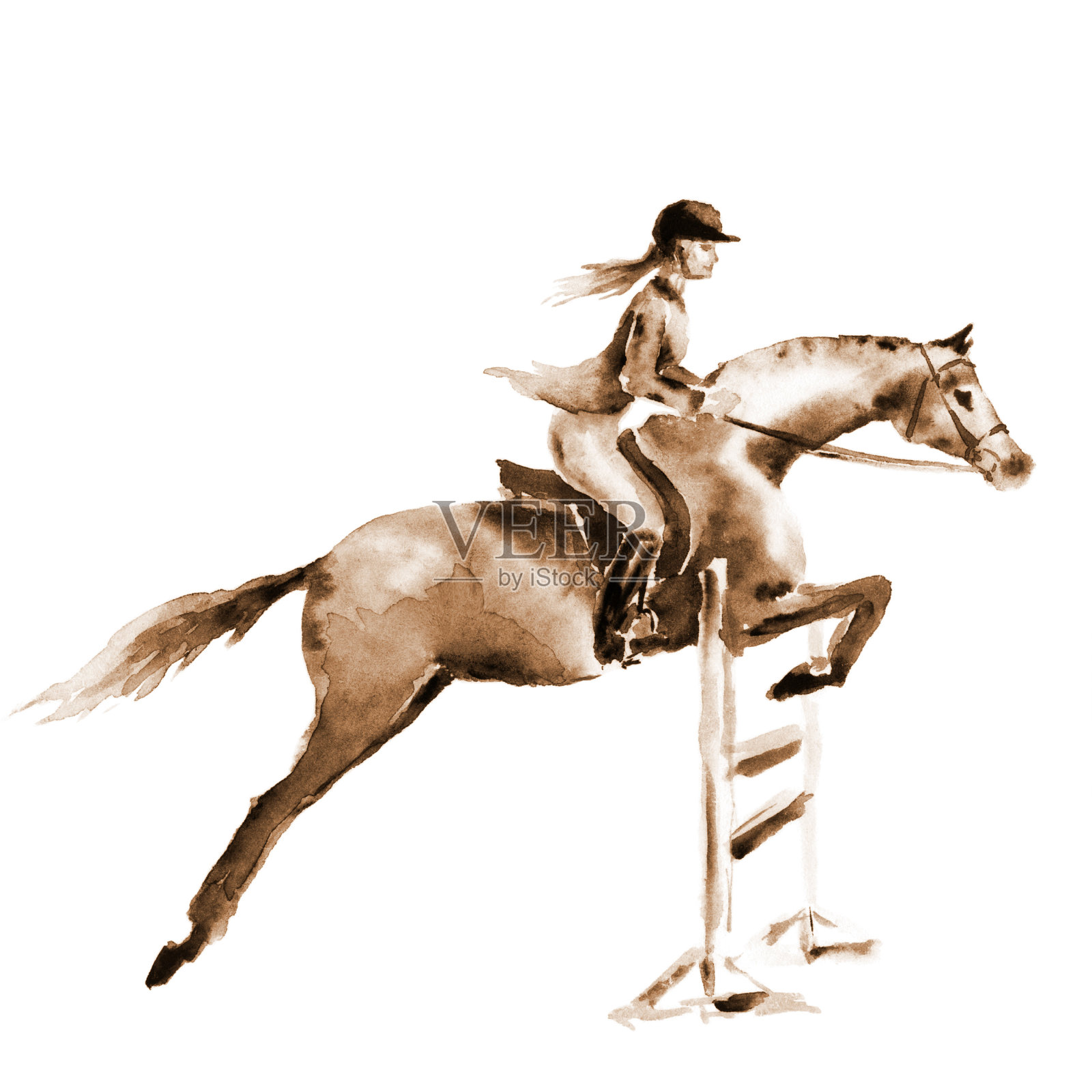 青色水彩骑手少女和骏马，跳过白栏。插画图片素材