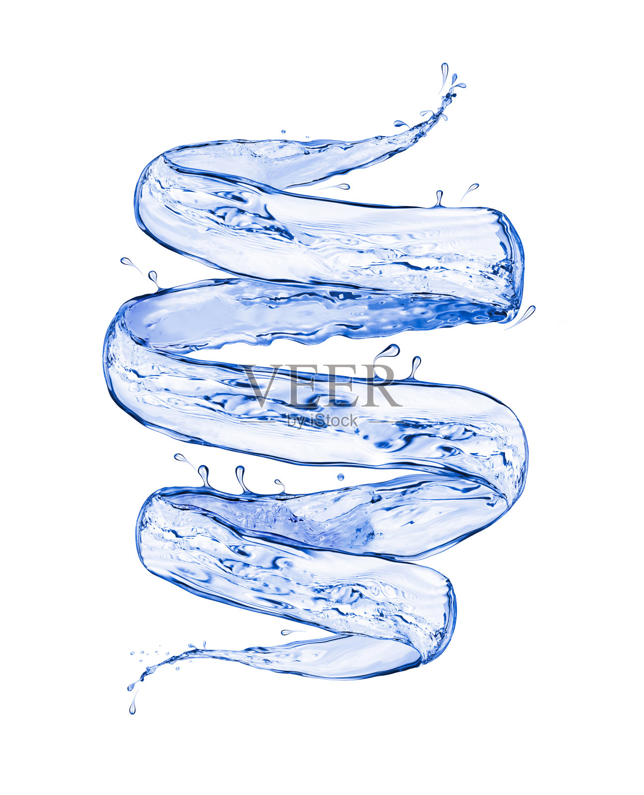 蓝色的水花呈漩涡状，孤立在白色的背景上照片摄影图片