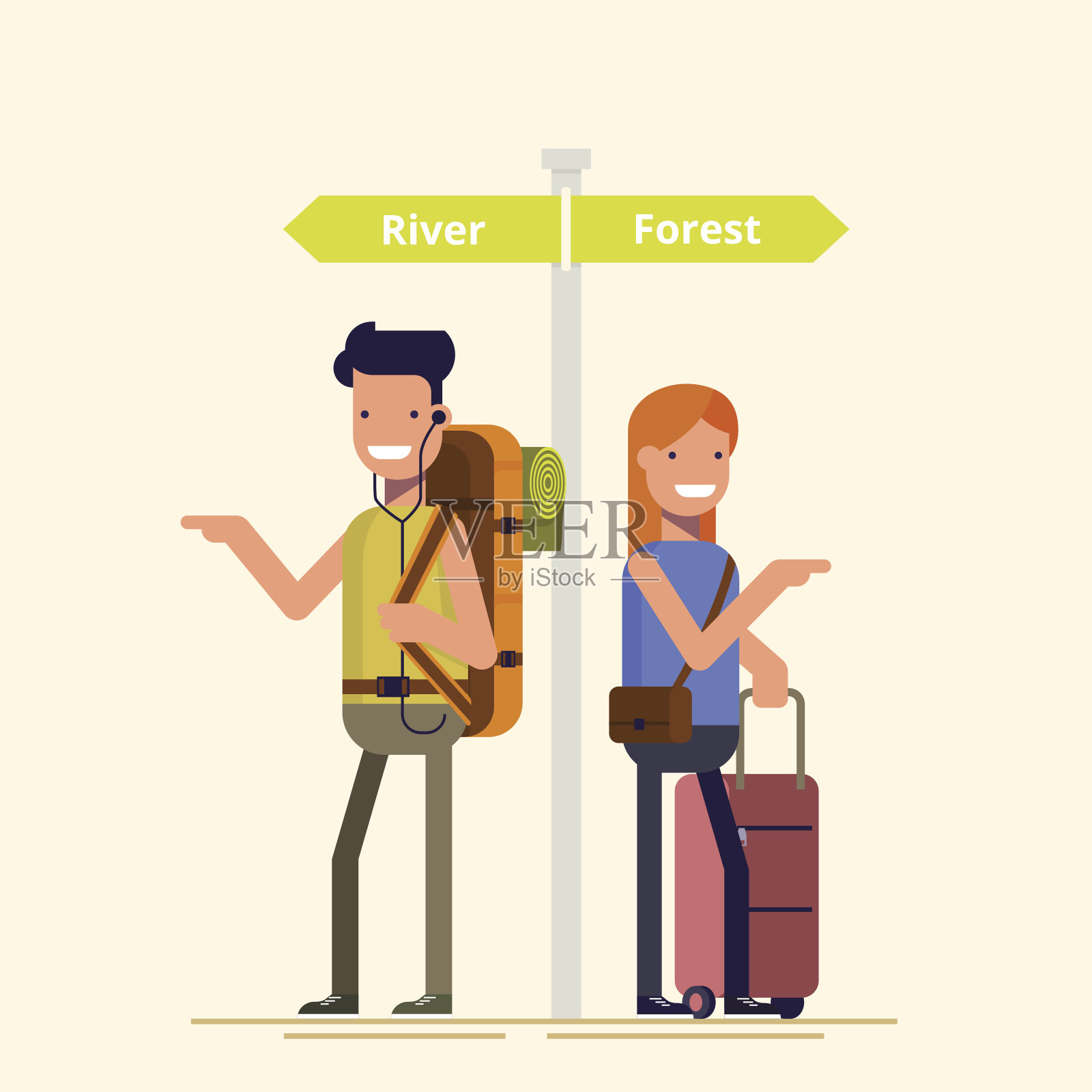 两个旅行者正在选择指针旁边的路线插画图片素材