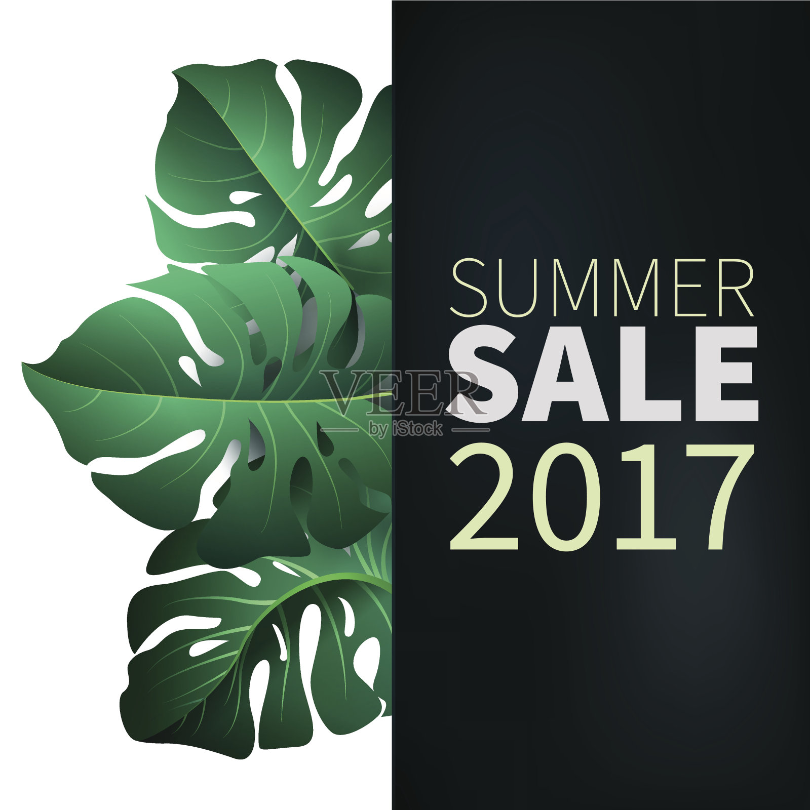 你好,夏天,夏季。以热带植物为背景的文字海报。出售海报和广告招牌。矢量插图。插画图片素材