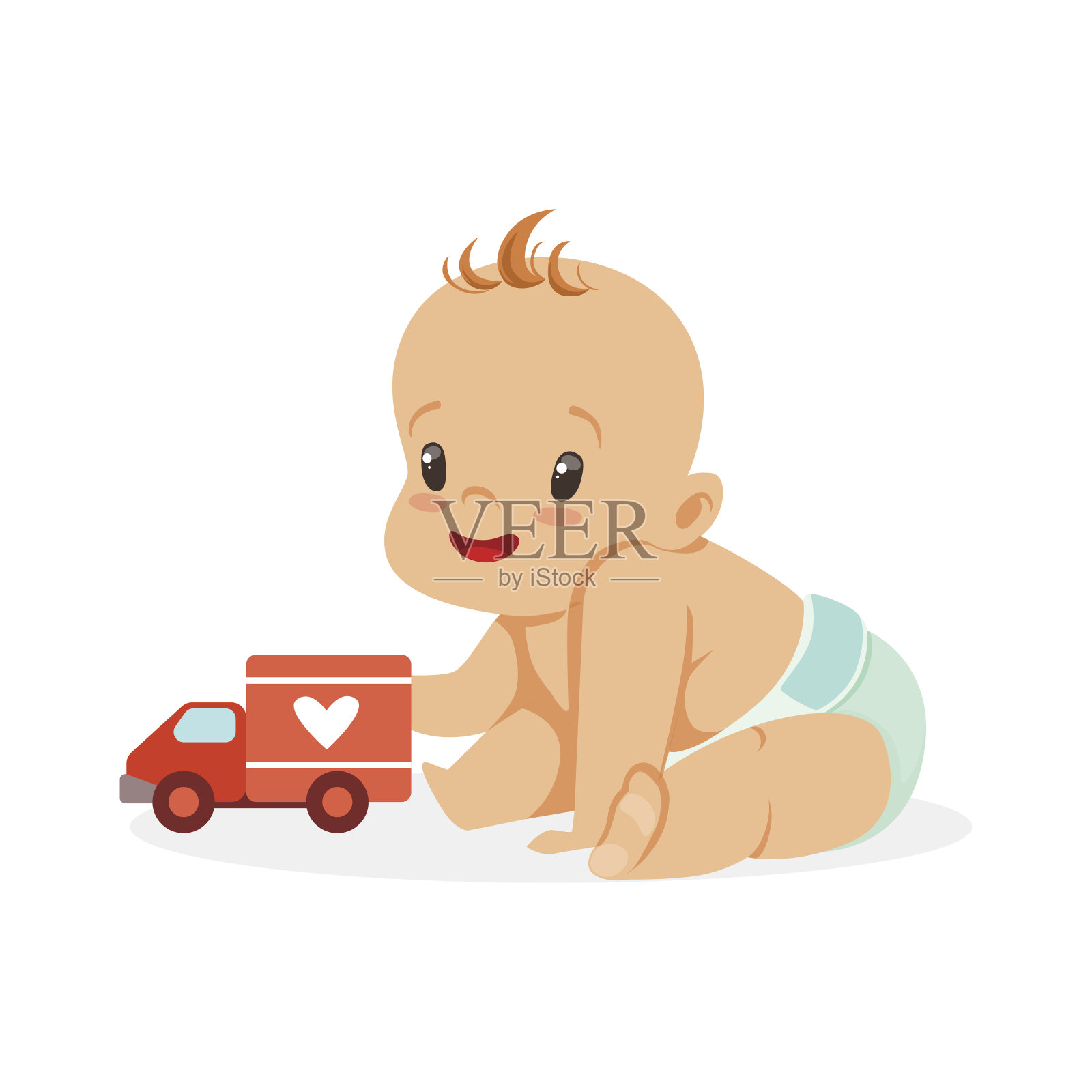 甜蜜快乐的宝宝坐着玩玩具车，彩色卡通人物矢量插画设计元素图片