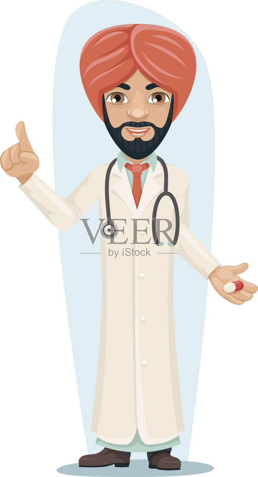 质量治疗头巾阿拉伯男性严重经验丰富的医生与药丸药在手上食指向上建议布道告诫Manl字符孤立图标医疗复古卡通设计矢量插图设计元素图片