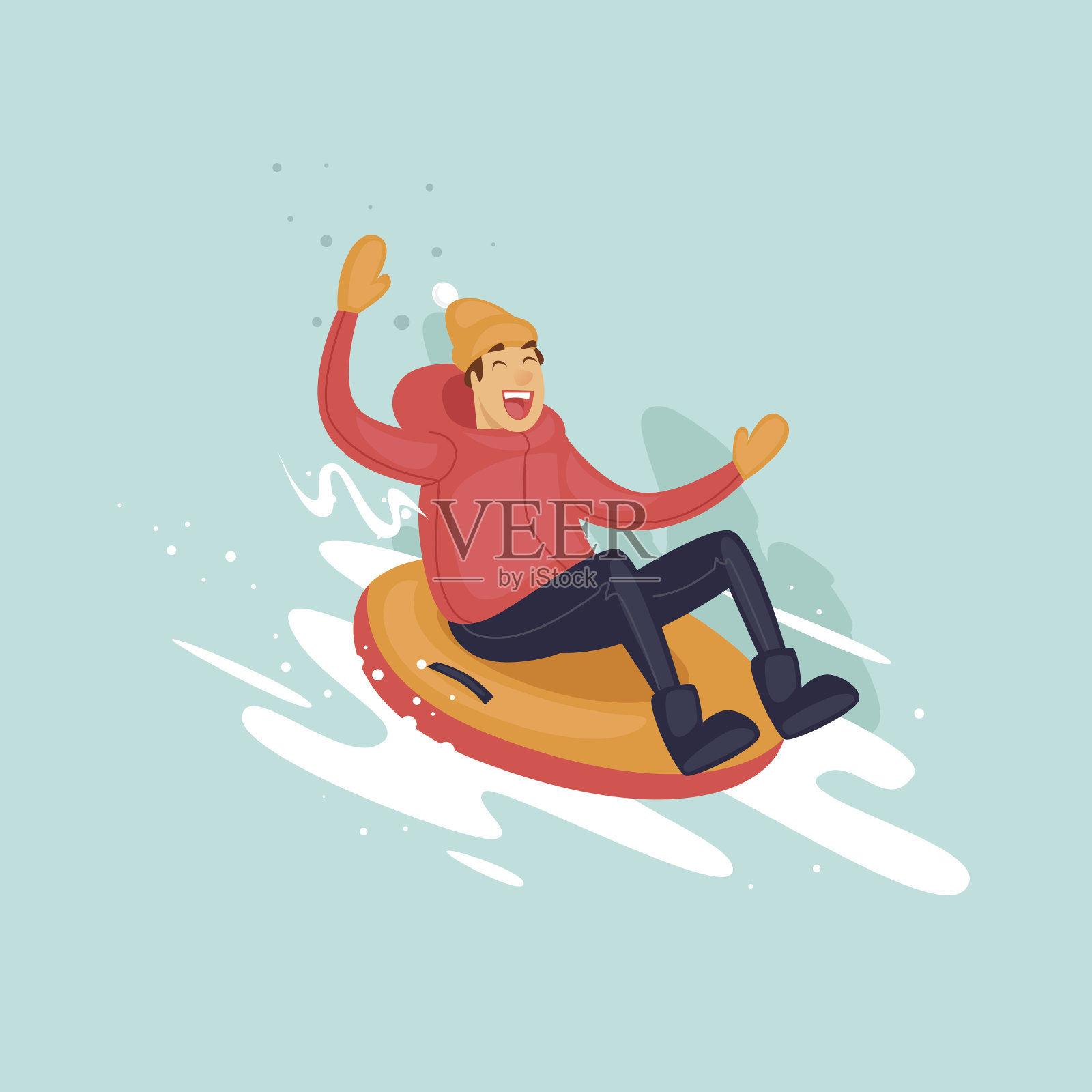 一个小男孩在雪地里骑着一根管子。冬天。平面矢量插图在卡通风格。插画图片素材