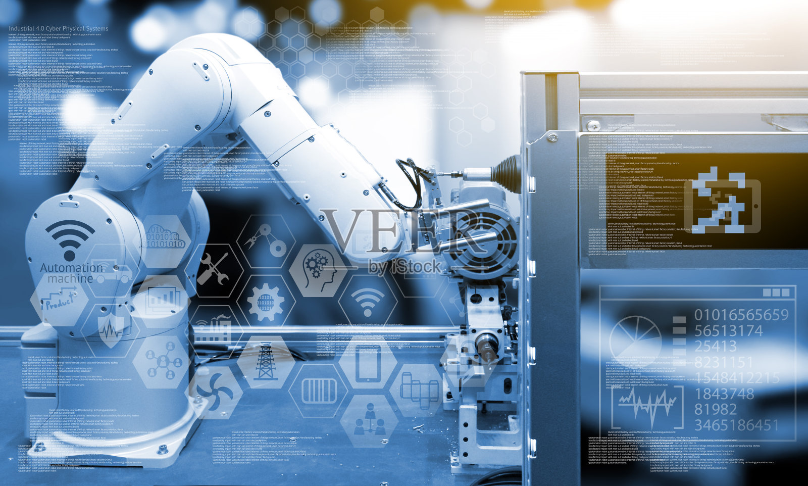 工业4.0概念。工业图形标志和蓝色调的自动化无线机器人手臂在智能工厂的背景。双重曝光，闪光照片摄影图片