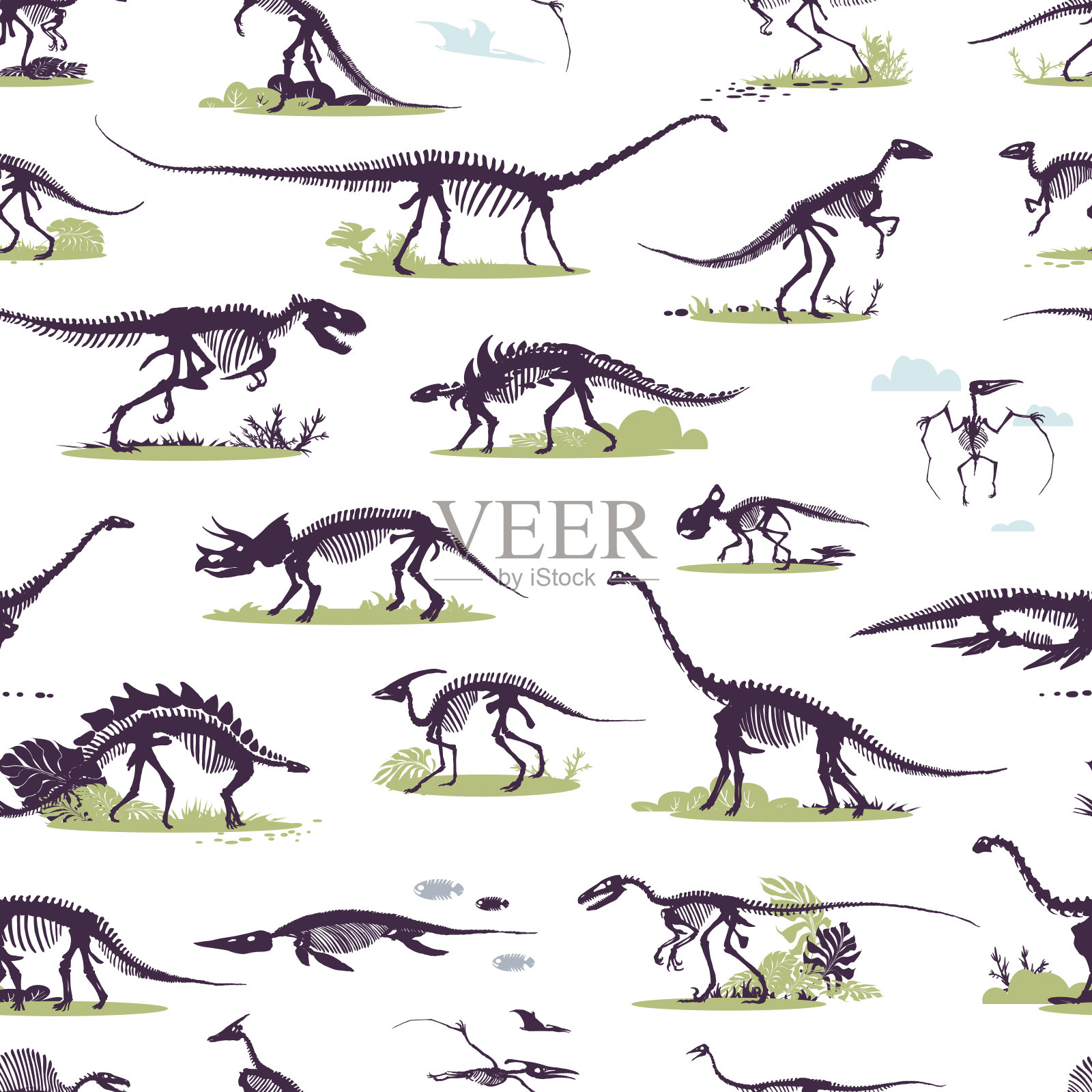 布景，剪影，恐龙骨架，恐龙，化石。插画图片素材