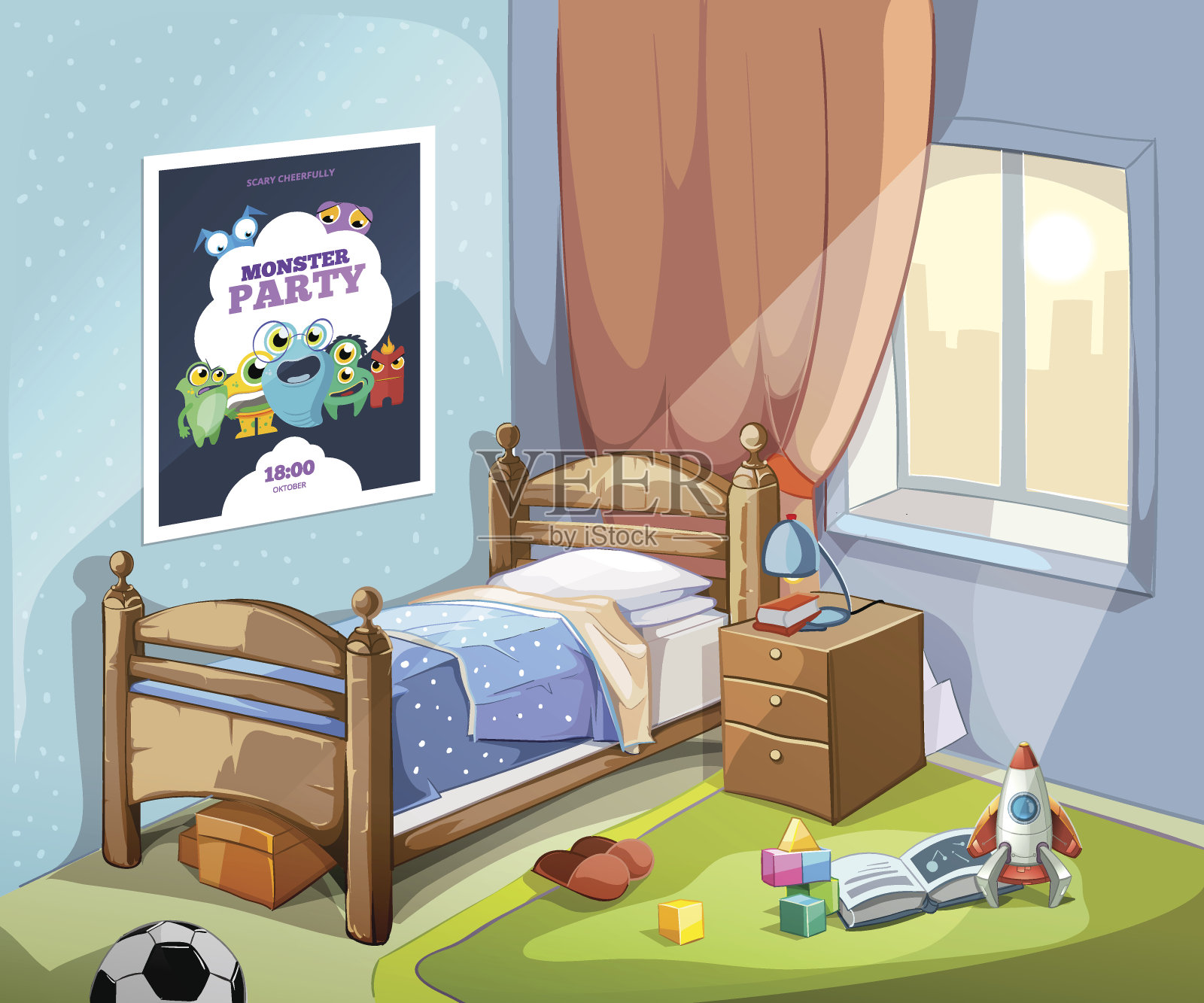 儿童卧室室内卡通风格。矢量图插画图片素材
