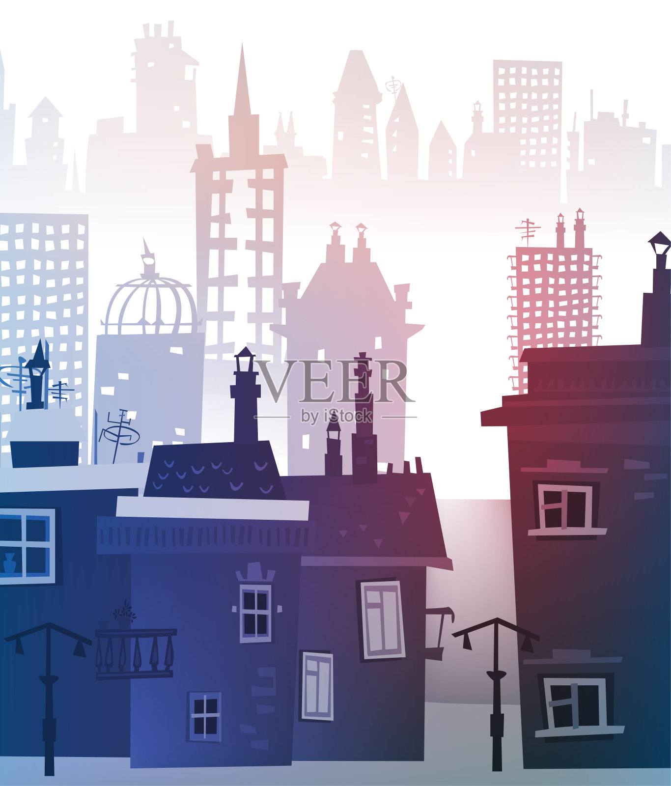 城市背景由不同的建筑剪影构成插画图片素材