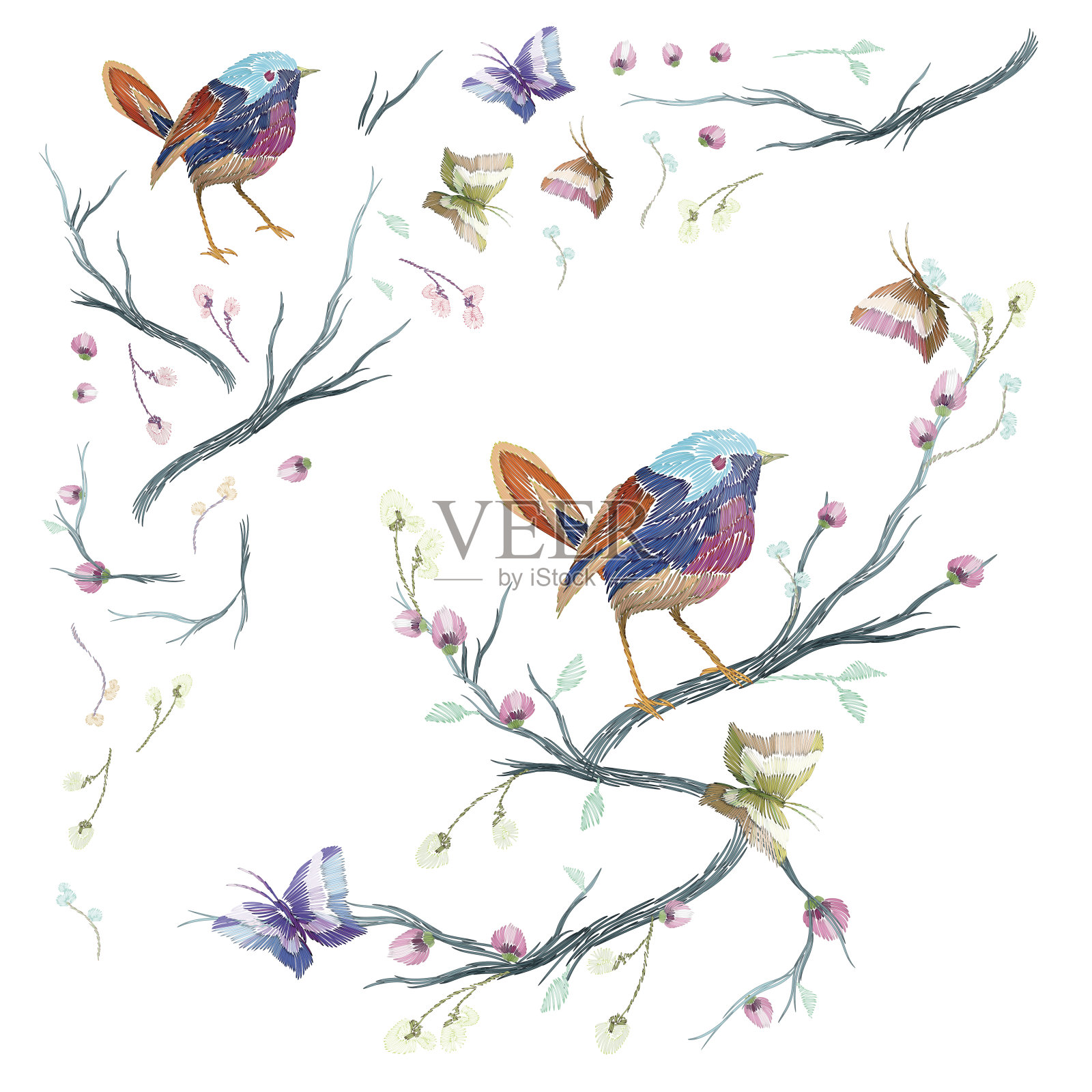 Vintage pattern in set:鸟，蝴蝶和花。插画图片素材