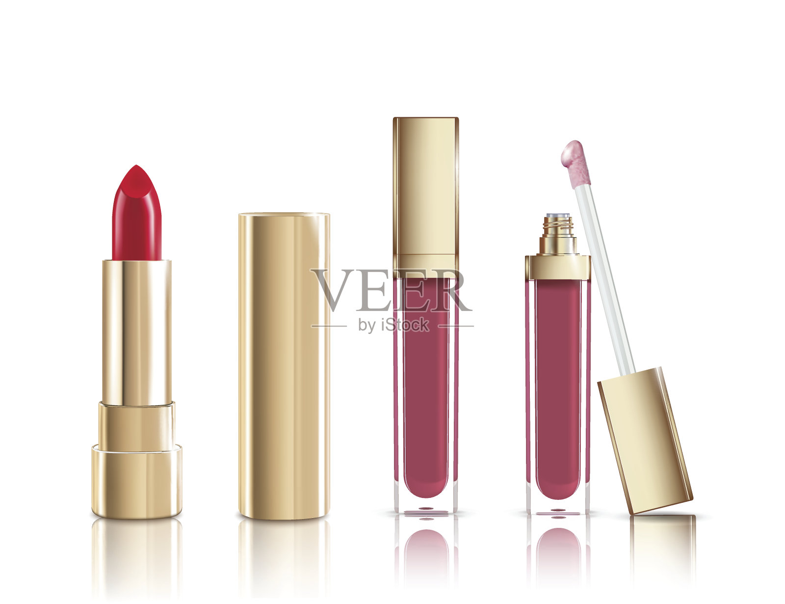 美丽的红色化妆品口红和液体唇彩在金色。化妆逼真的化妆品矢量孤立在白色。设计元素图片