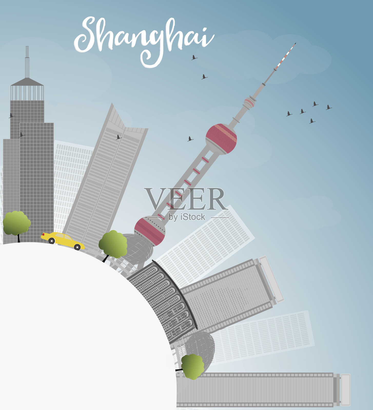 蓝色的天空和灰色的摩天大楼构成了上海的天际线。插画图片素材