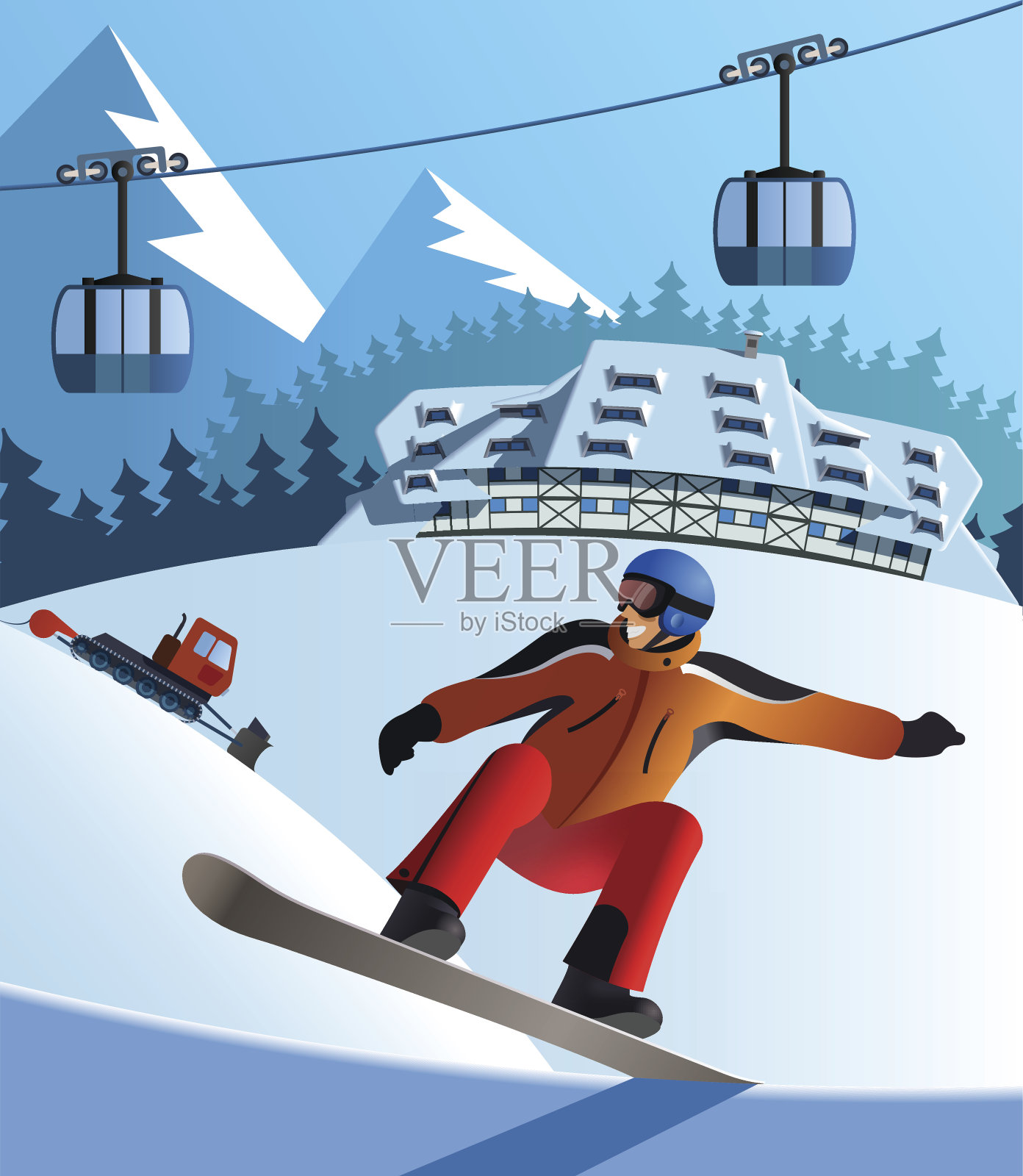 滑雪板的冬季度假胜地插画图片素材