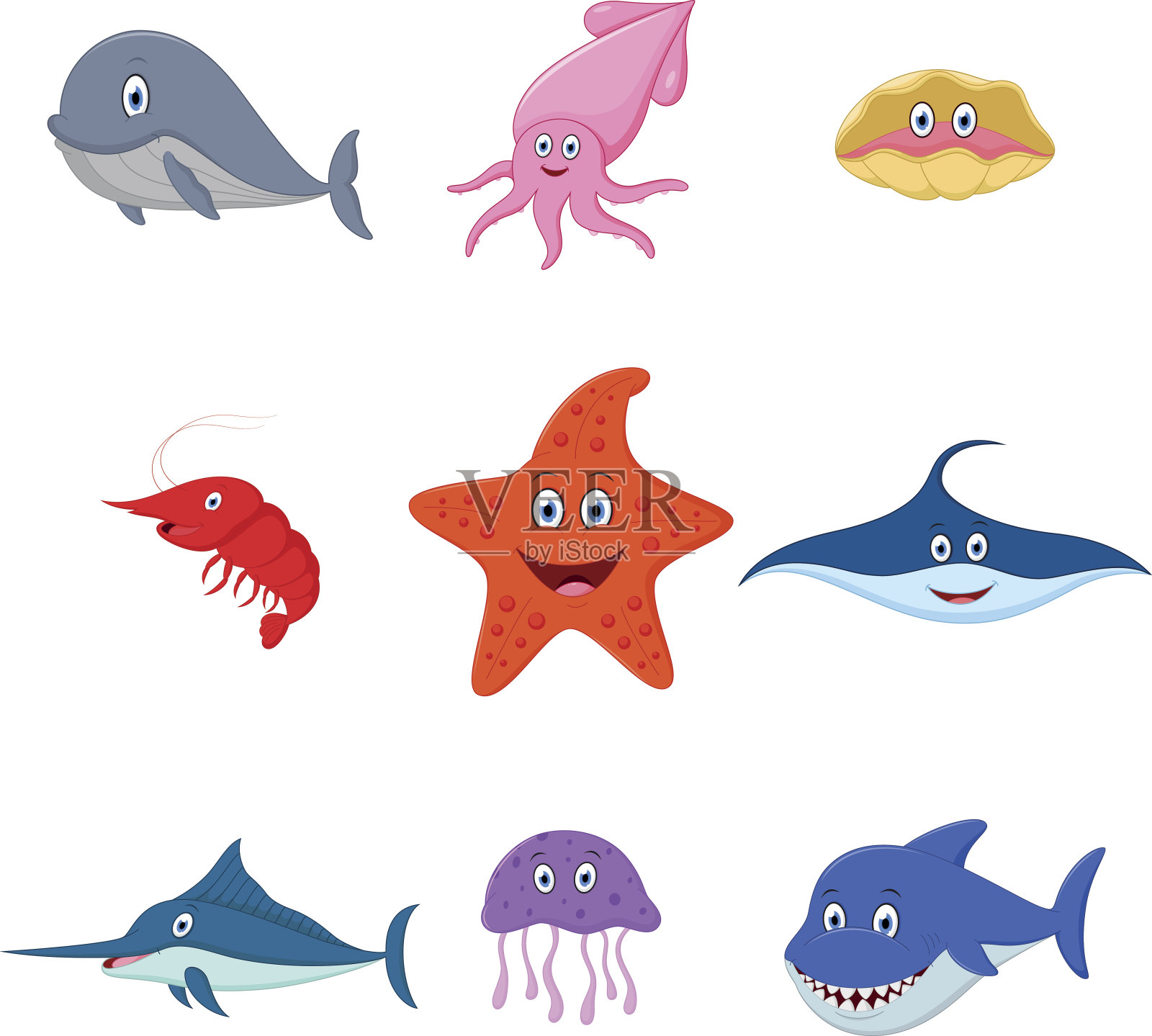 海洋动物卡通套装插画图片素材