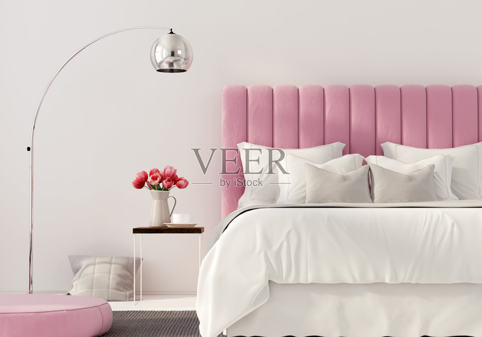 带有粉红色床的现代卧室照片摄影图片