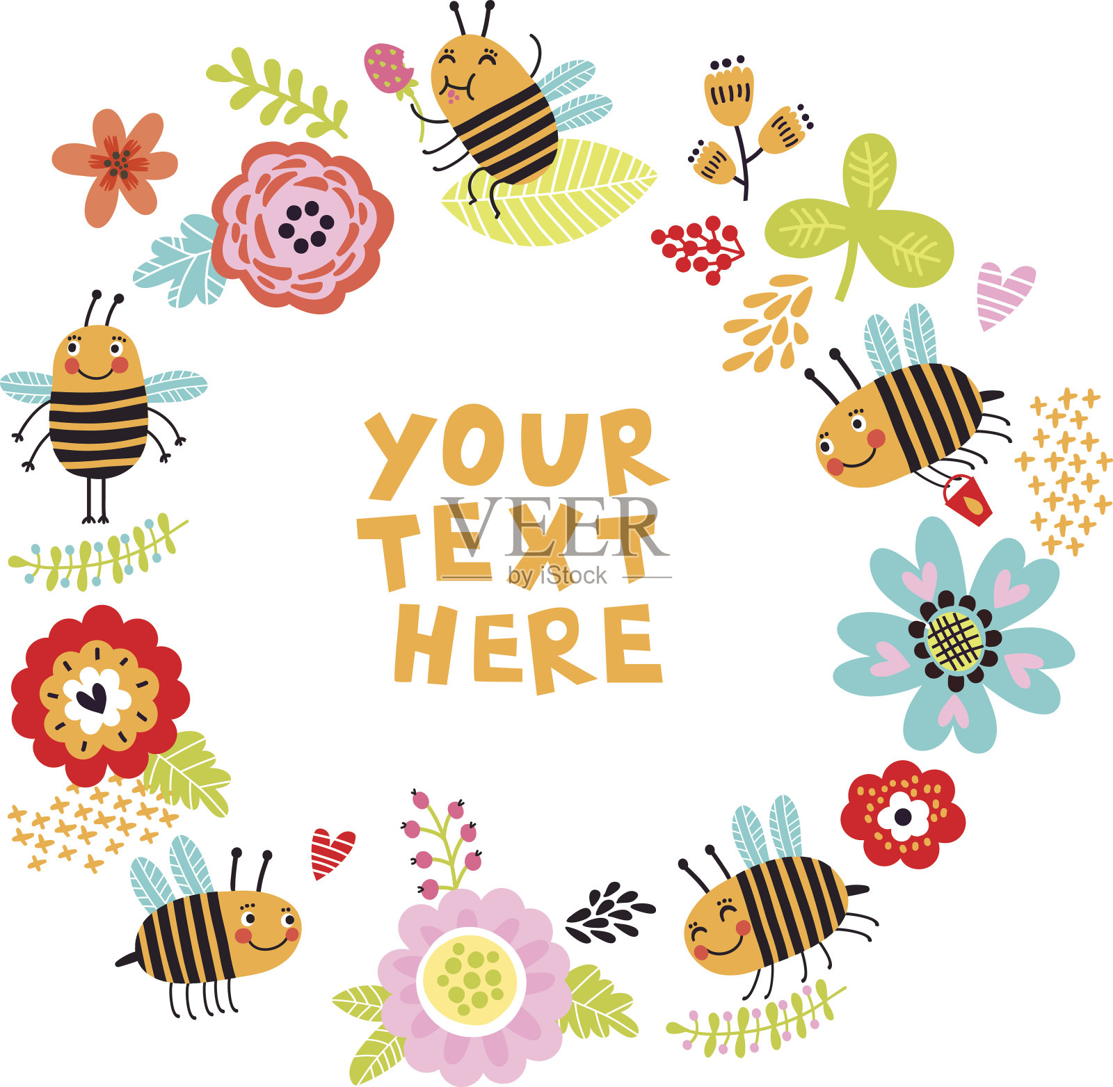 蜜蜂与花的背景。框架的文本插画图片素材