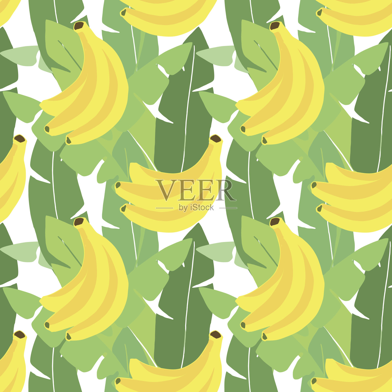 热带无缝模式。香蕉叶，香蕉果实。平面设计。插画图片素材