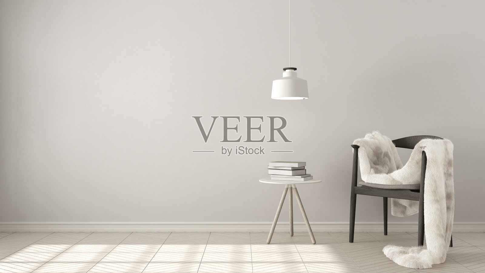 斯堪的纳维亚白色背景，人字形天然拼花地板上的桌子和吊灯，室内设计照片摄影图片