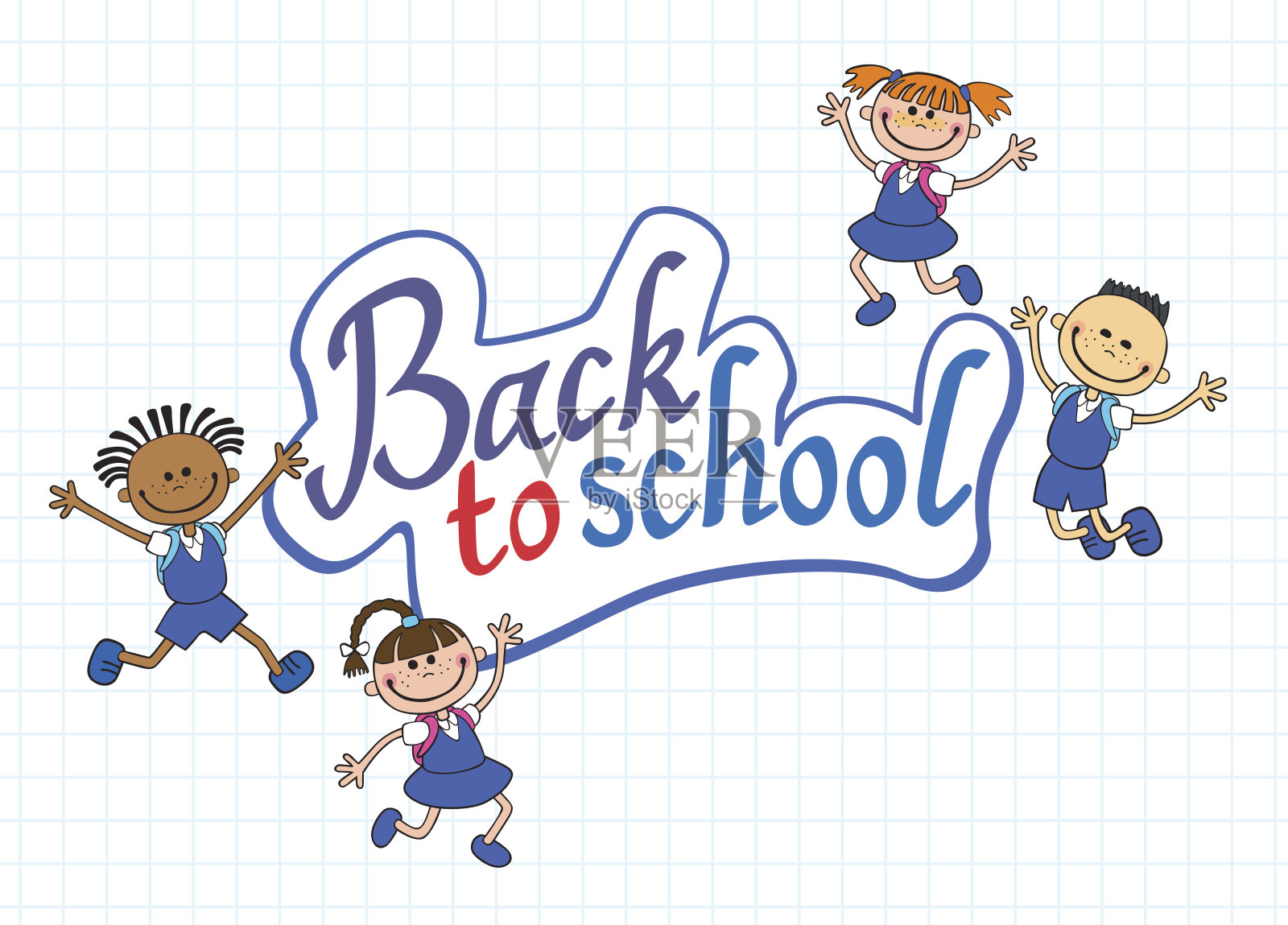 横幅返回学校，男孩女孩小学生字母标志向量插画图片素材