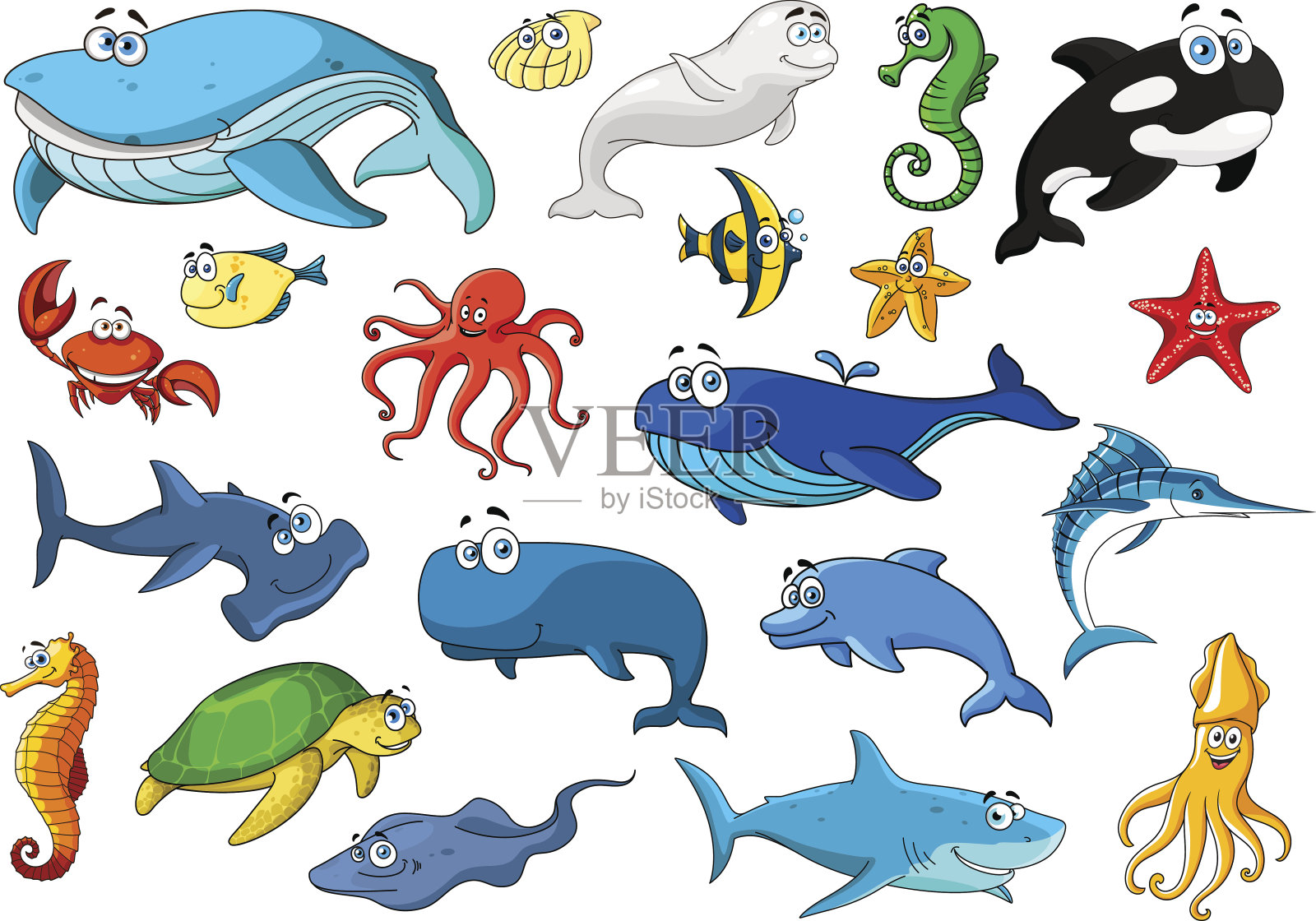 海洋动物孤立卡通图标集插画图片素材