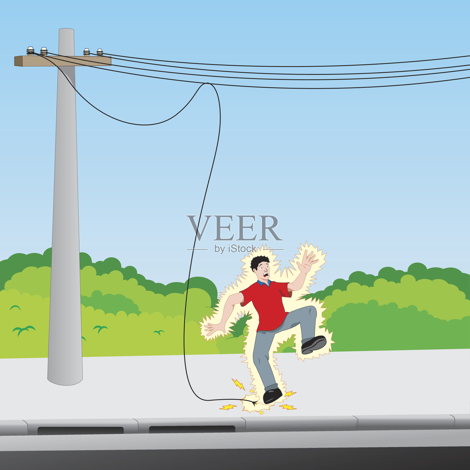 描绘一个年轻人在暴露的电线上接受放电的插图。理想的目录，信息和安全和机构材料插画图片素材