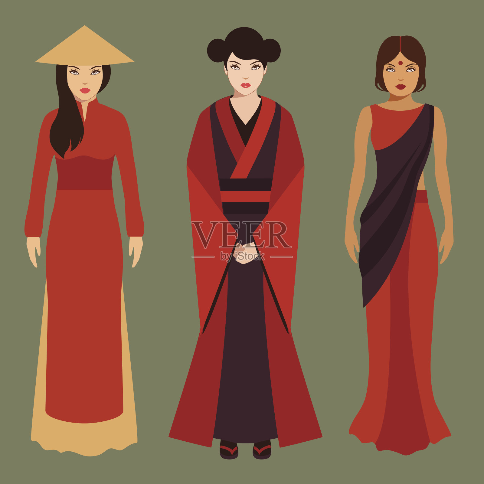 中国，日本和印度妇女插画图片素材