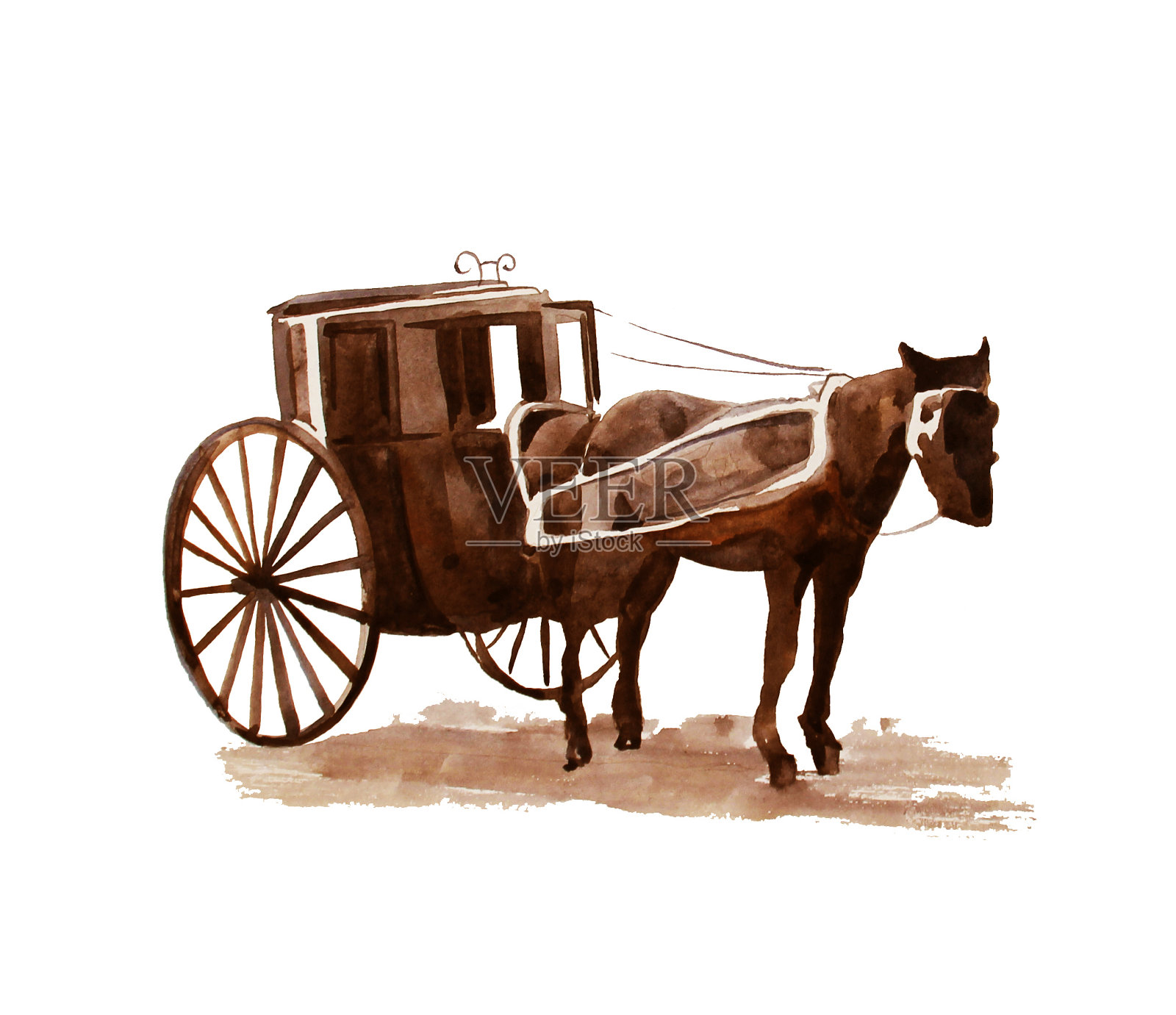 手绘古董马出租车，水彩插图，19世纪90年代插画图片素材