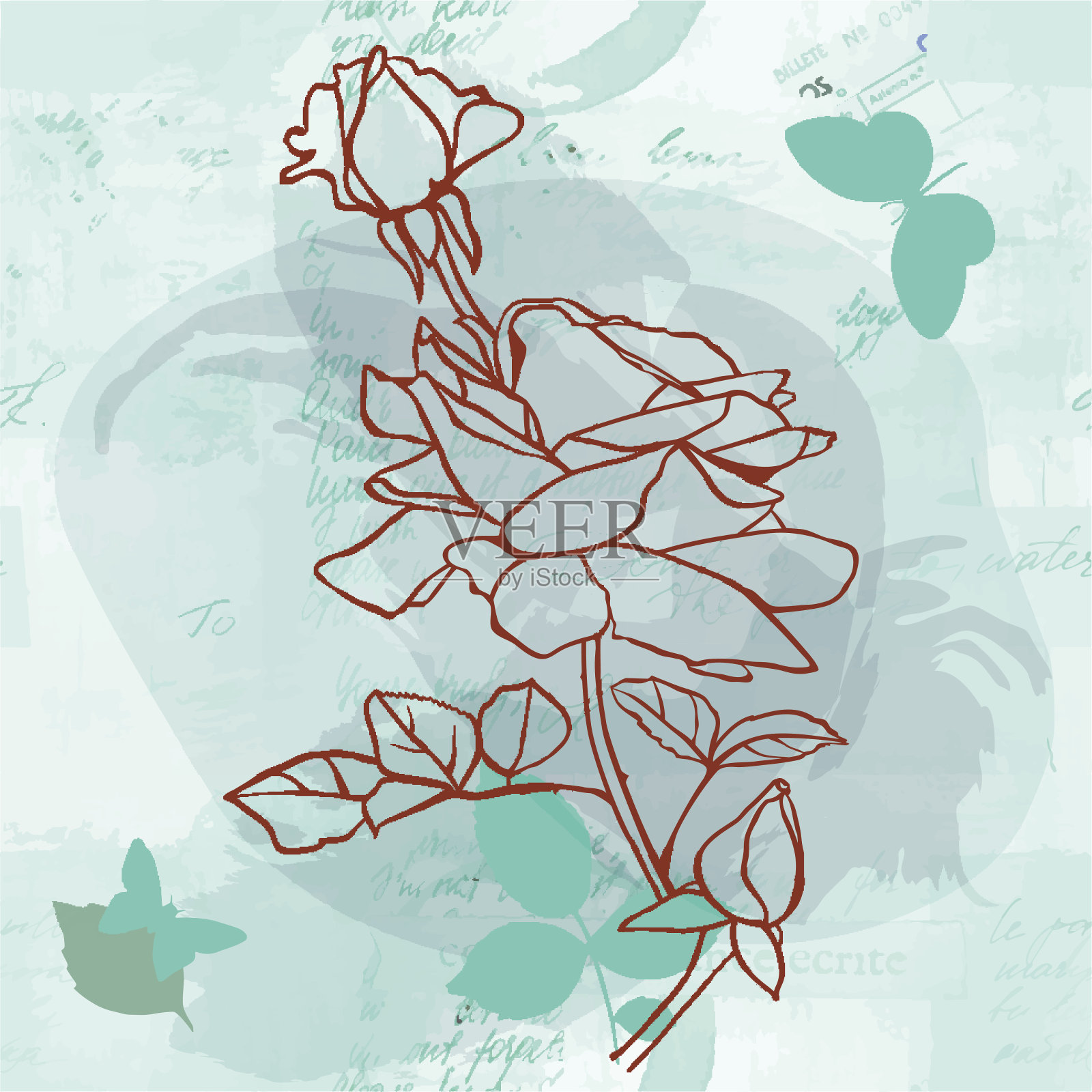 向量玫瑰与蝴蝶褪色的旧字母纹理插画图片素材