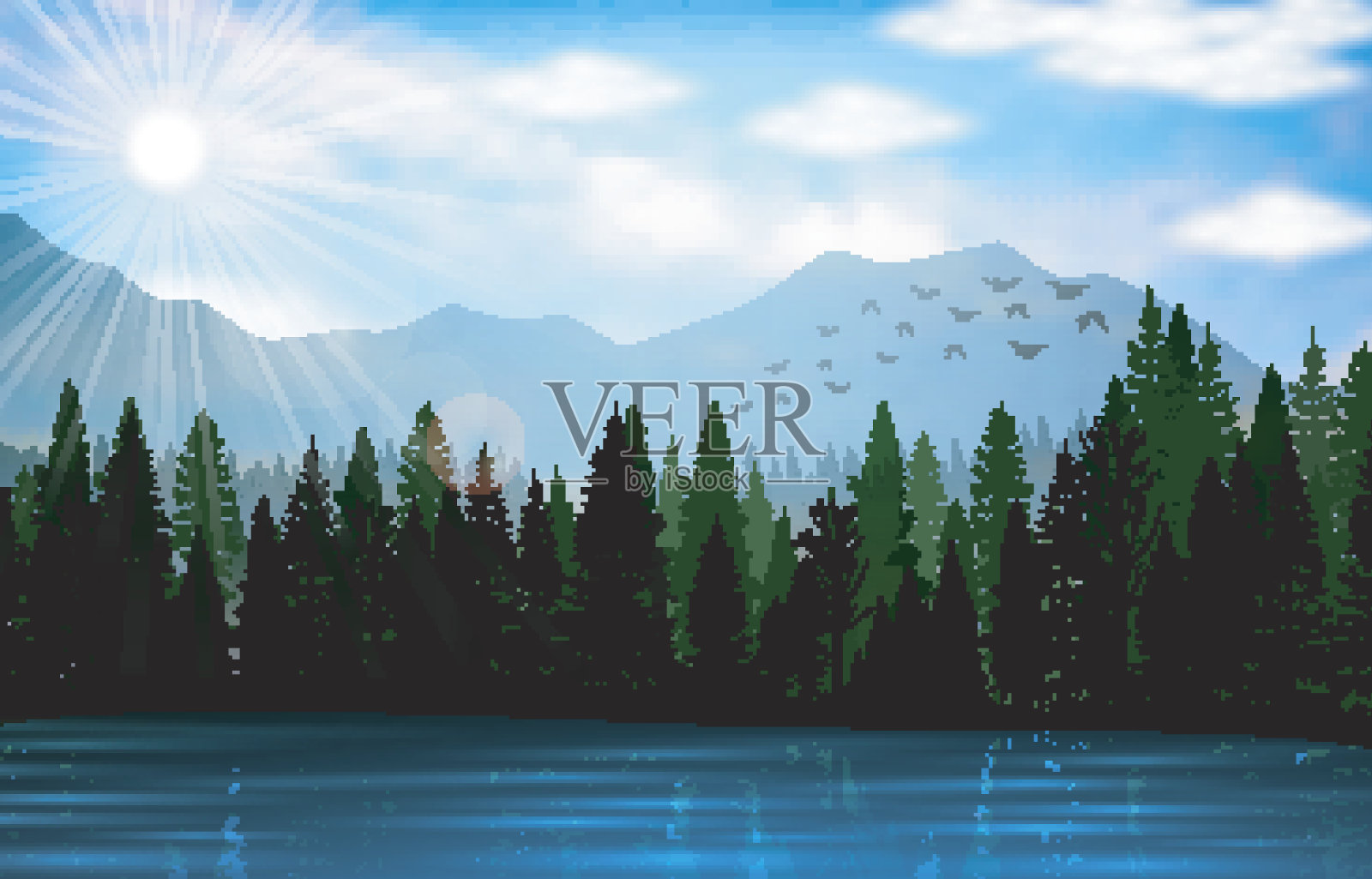 以湖泊为背景的山地景观插画图片素材