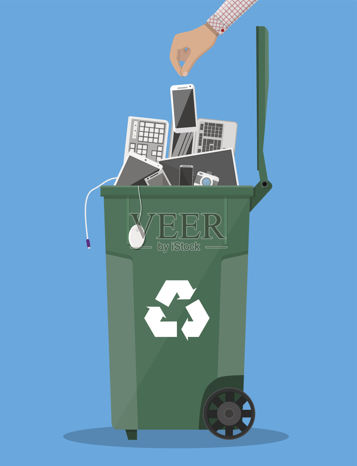 电子废物回收站，装有旧的电子设备插画图片素材