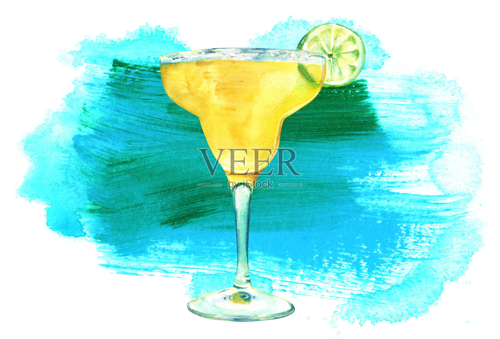 水彩玛格丽塔鸡尾酒与纹理染色和copyspace插画图片素材