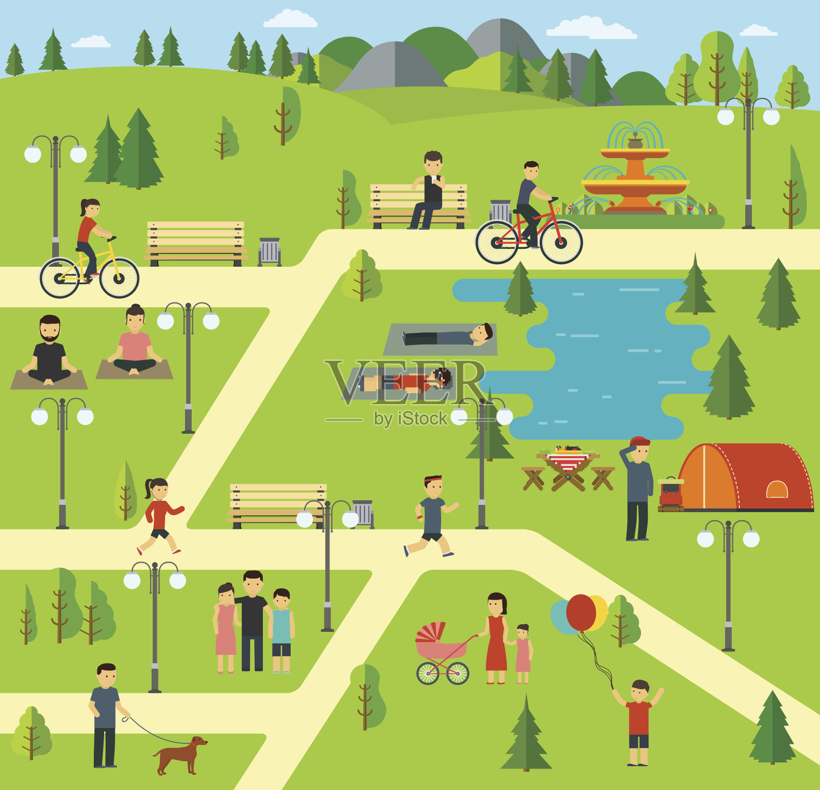 公园，在公园里露营，野餐，骑自行车插画图片素材