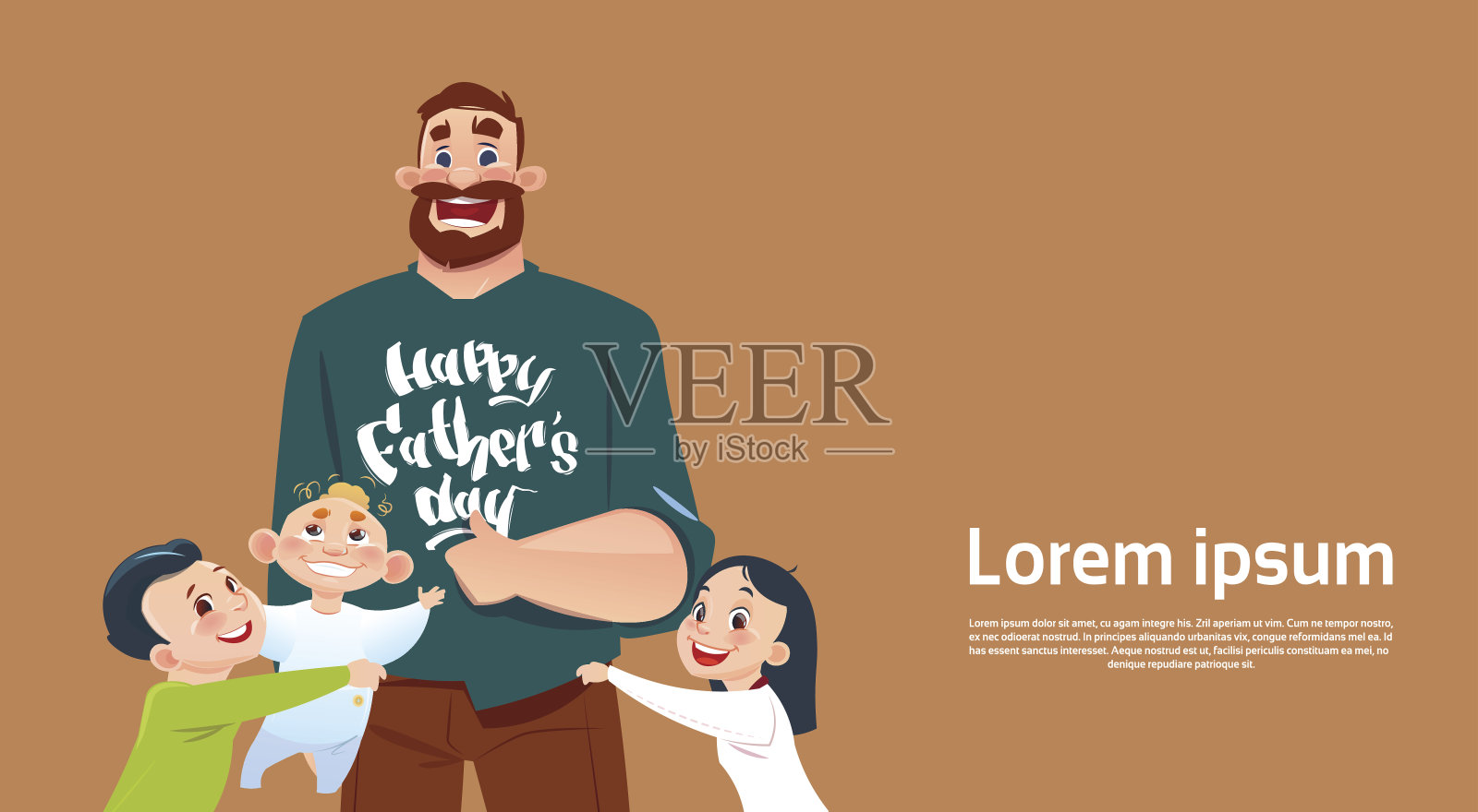 父亲节家庭节日快乐，女儿和儿子拥抱爸爸贺卡插画图片素材