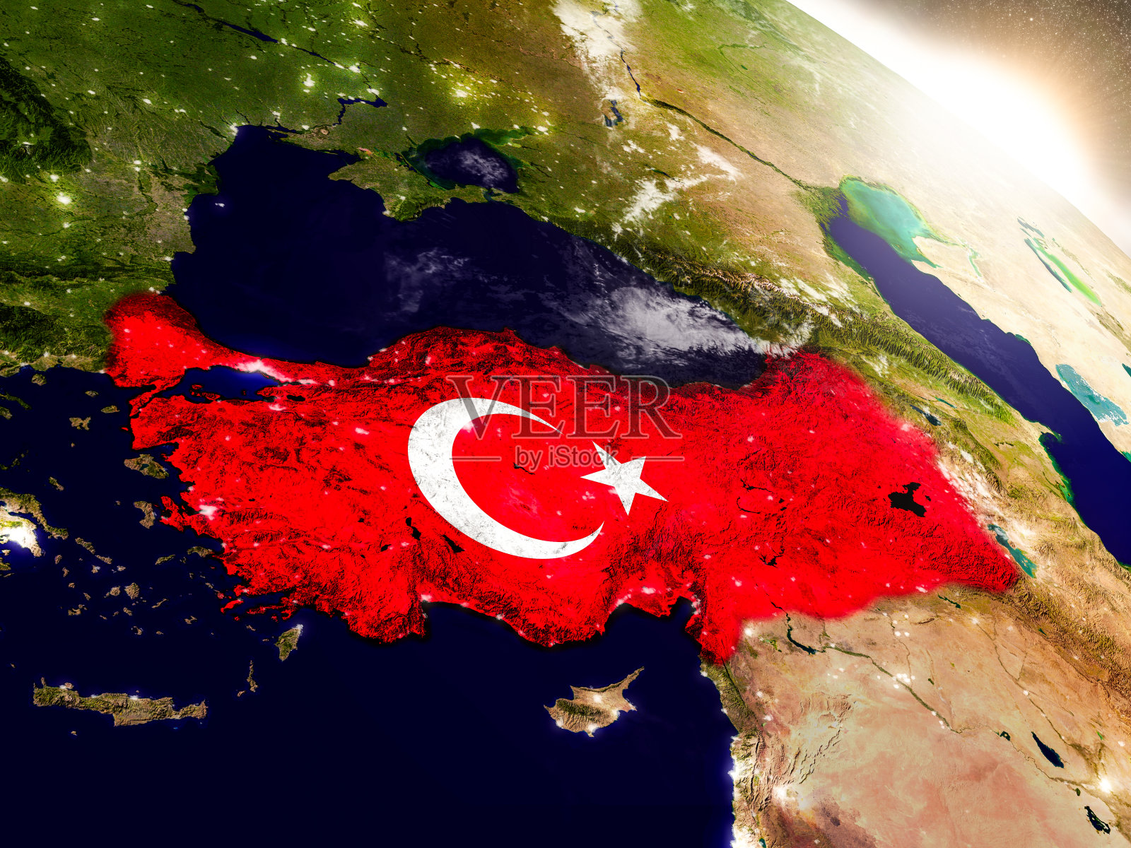 冉冉升起的旭日中，土耳其国旗飘扬照片摄影图片