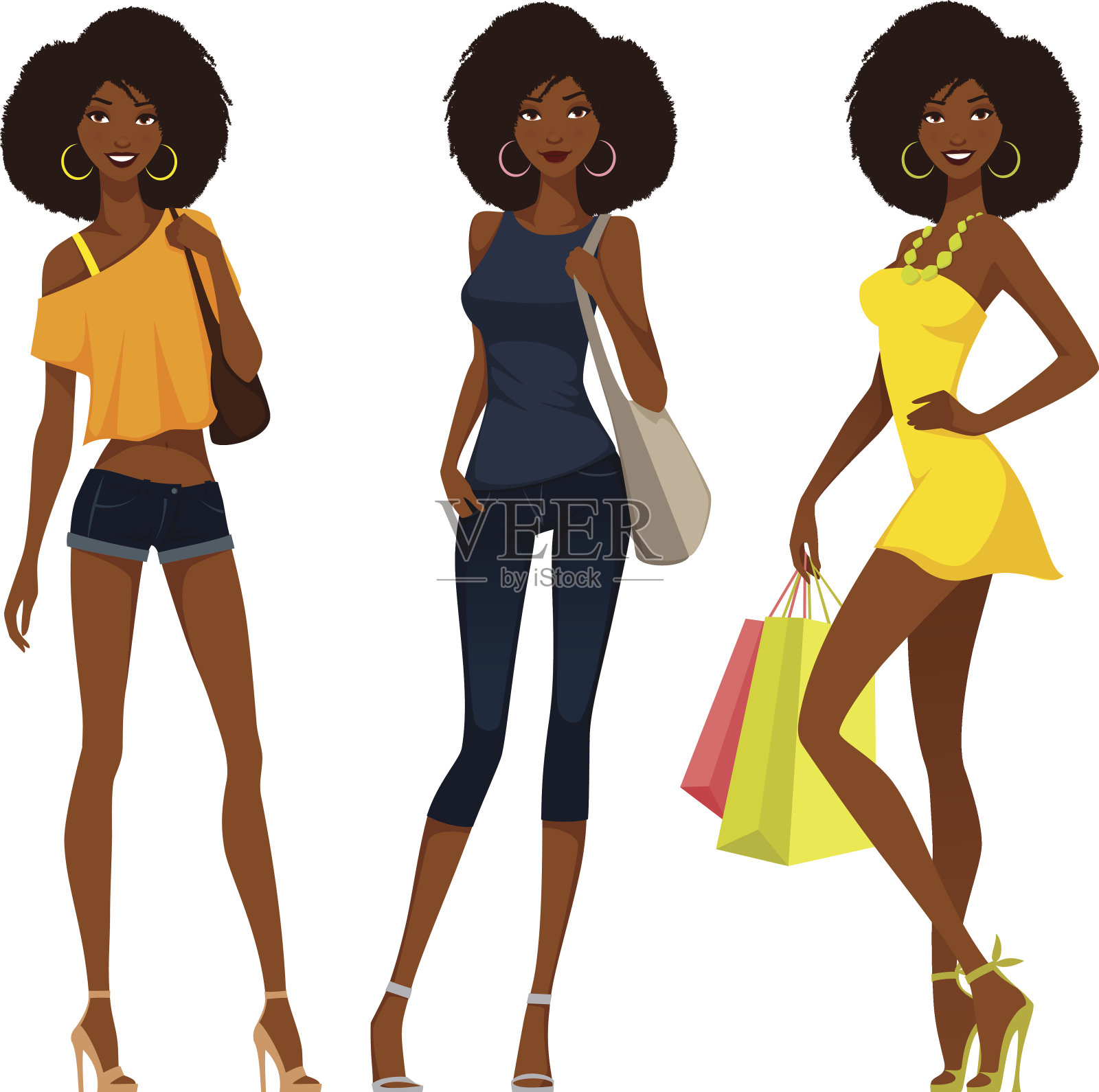 穿着夏装的时髦非裔美国女孩插画图片素材